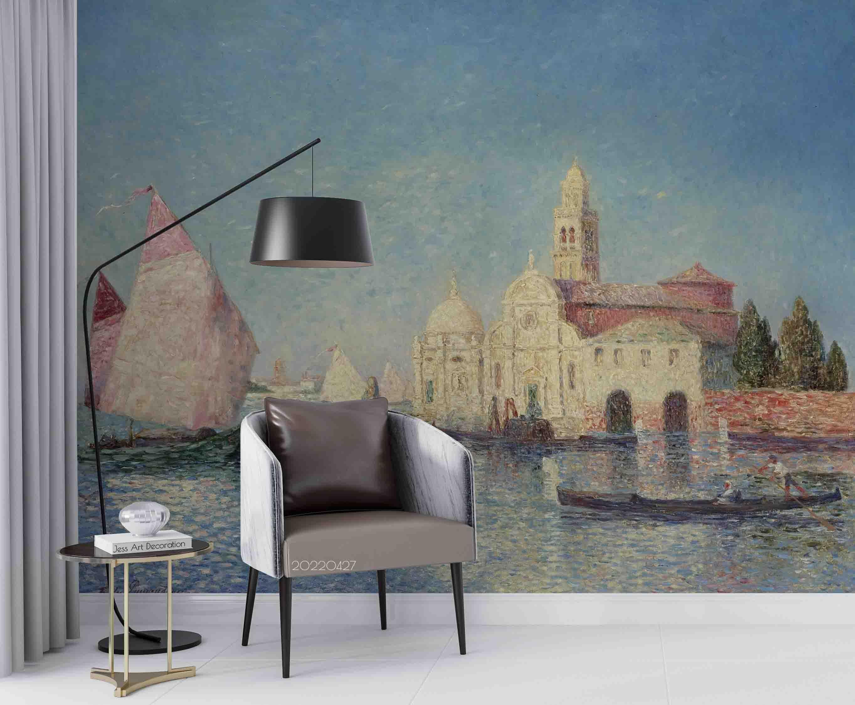 3D Building River Sailboat Landscape Oil Painting Wall Mural Wallpaper GD 4530- Jess Art Decoration