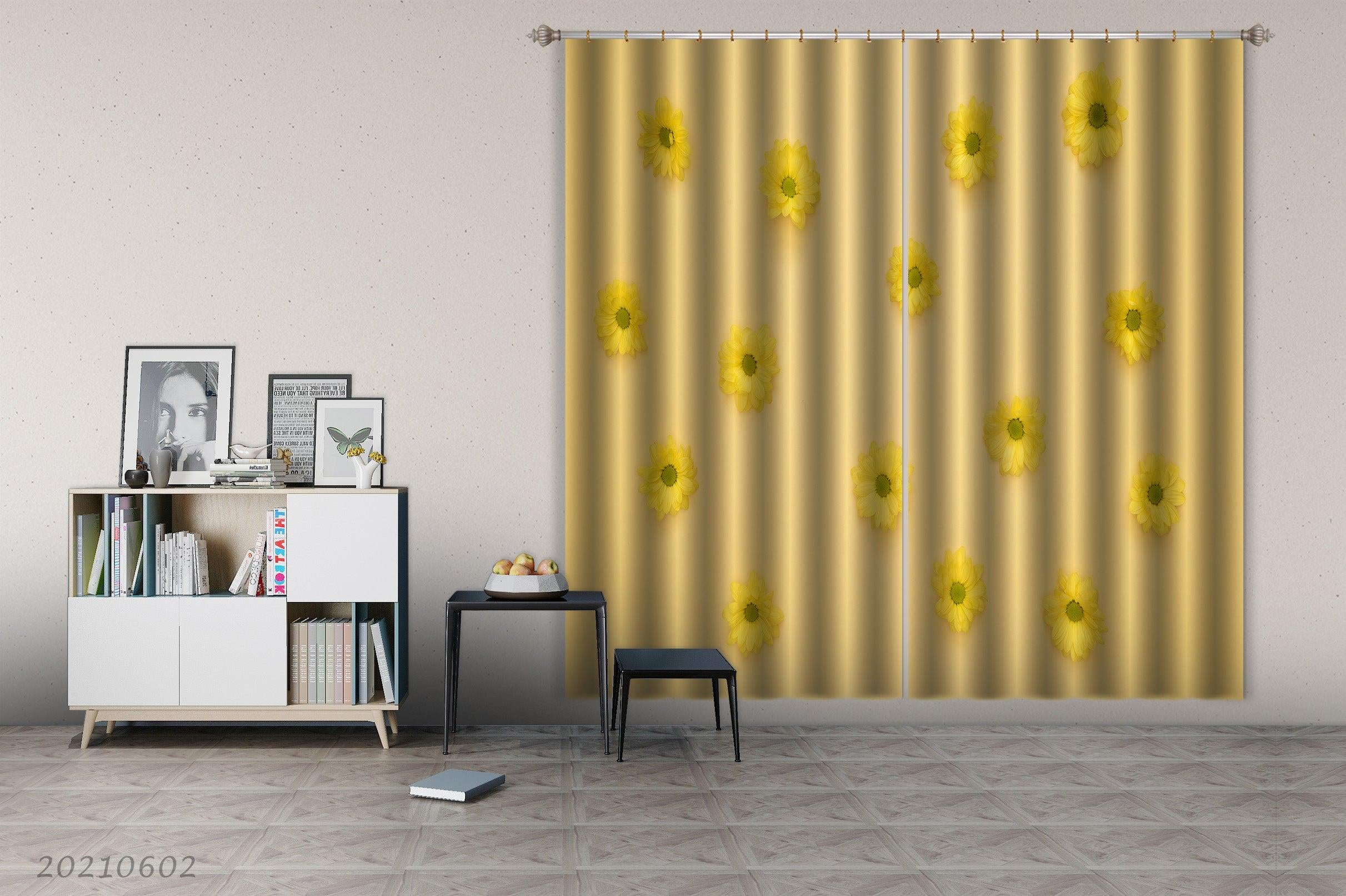 3D Yellow Flower Background Curtains and Drapes GD 589- Jess Art Decoration