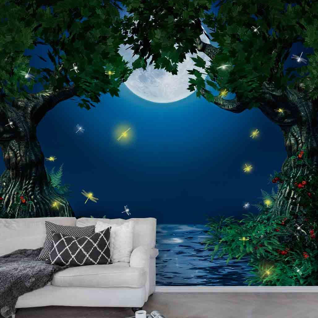 3D Tree Moon Dragonfly Night Wall Mural Wallpaper 09- Jess Art Decoration