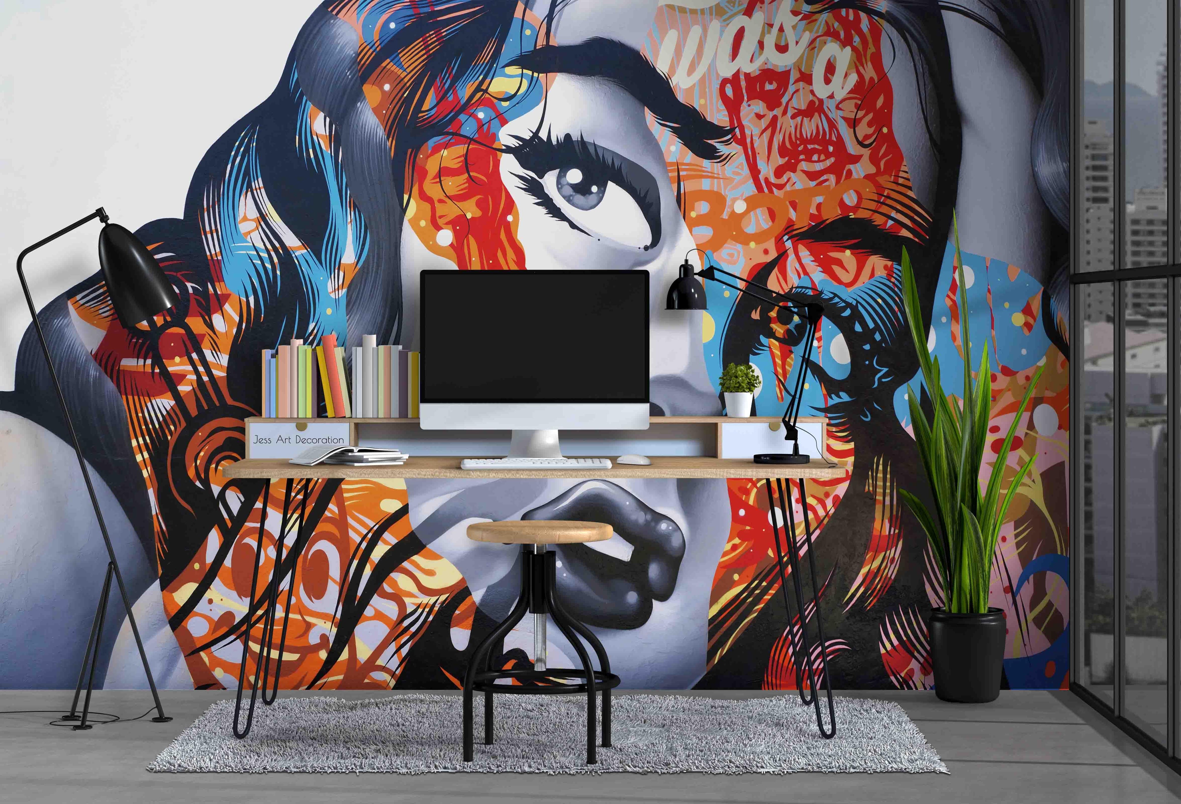 Graffiti Female Face Finger Wallpaper portrait street art wall mural for bedroom or creative studio