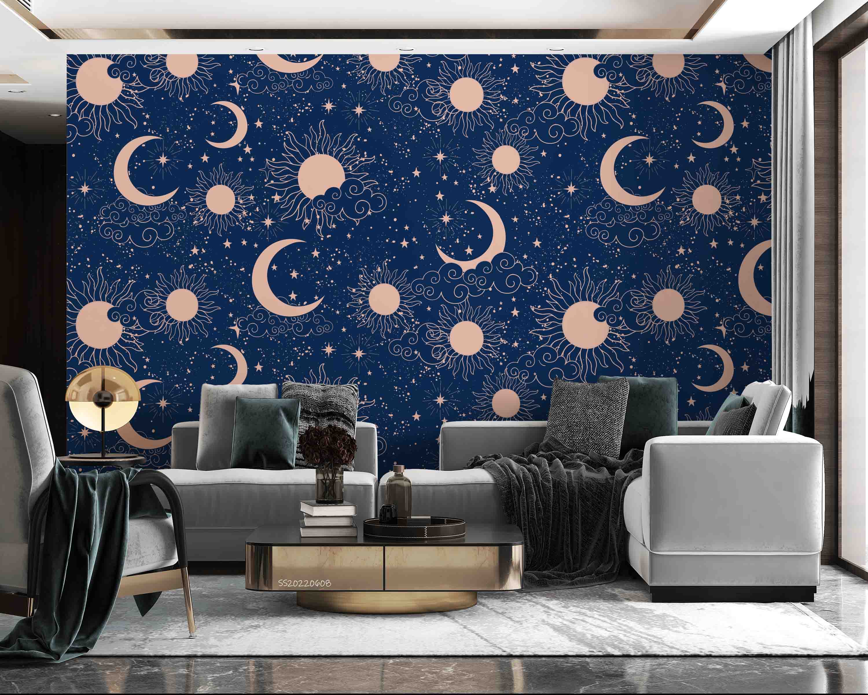 3D Sun Crescent Moon Stars Blue Background Wall Mural Wallpaper GD 433- Jess Art Decoration
