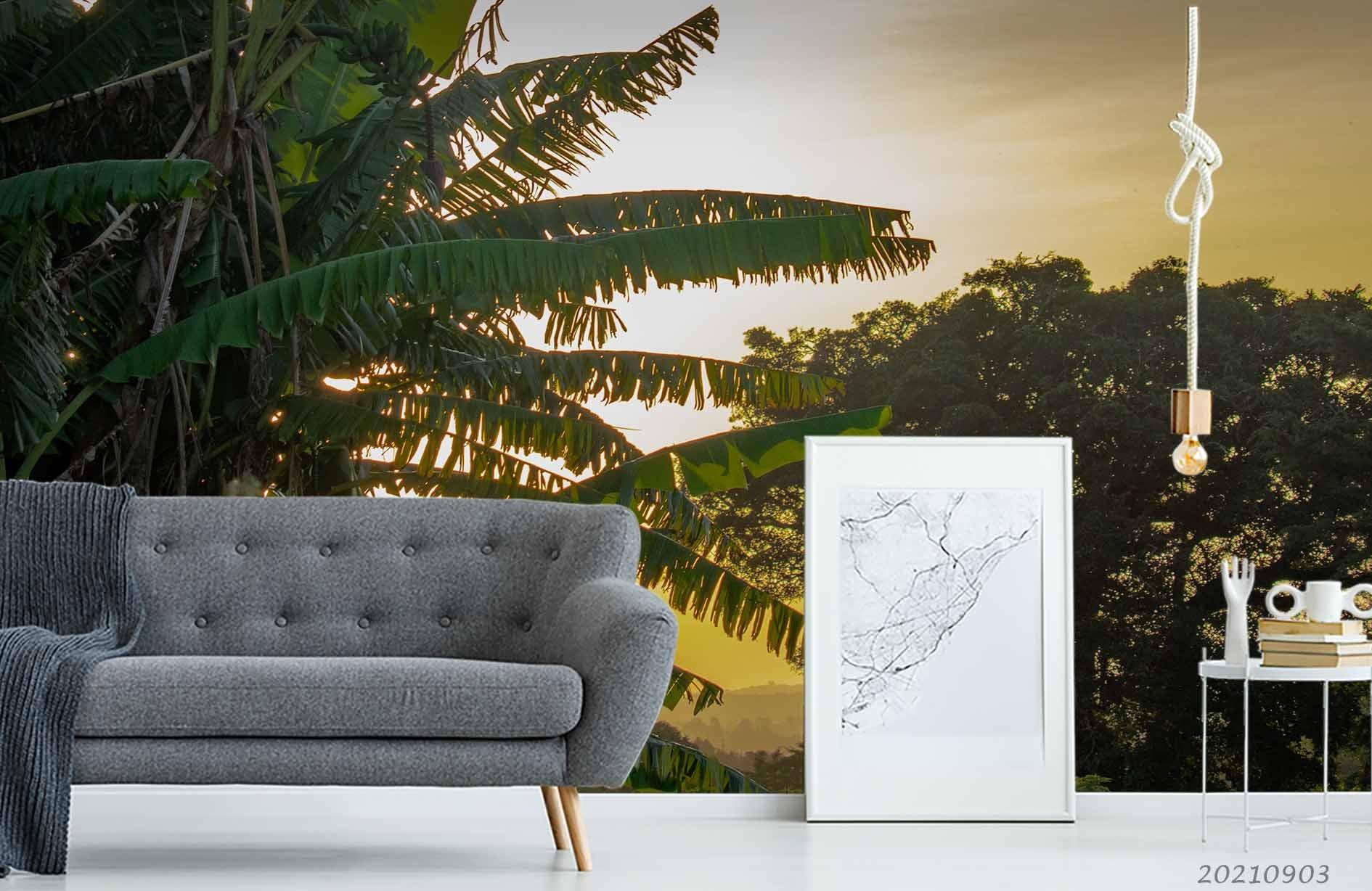 3D Sunset Sky Green Tree Palm Wall Mural Wallpaper LQH 92- Jess Art Decoration