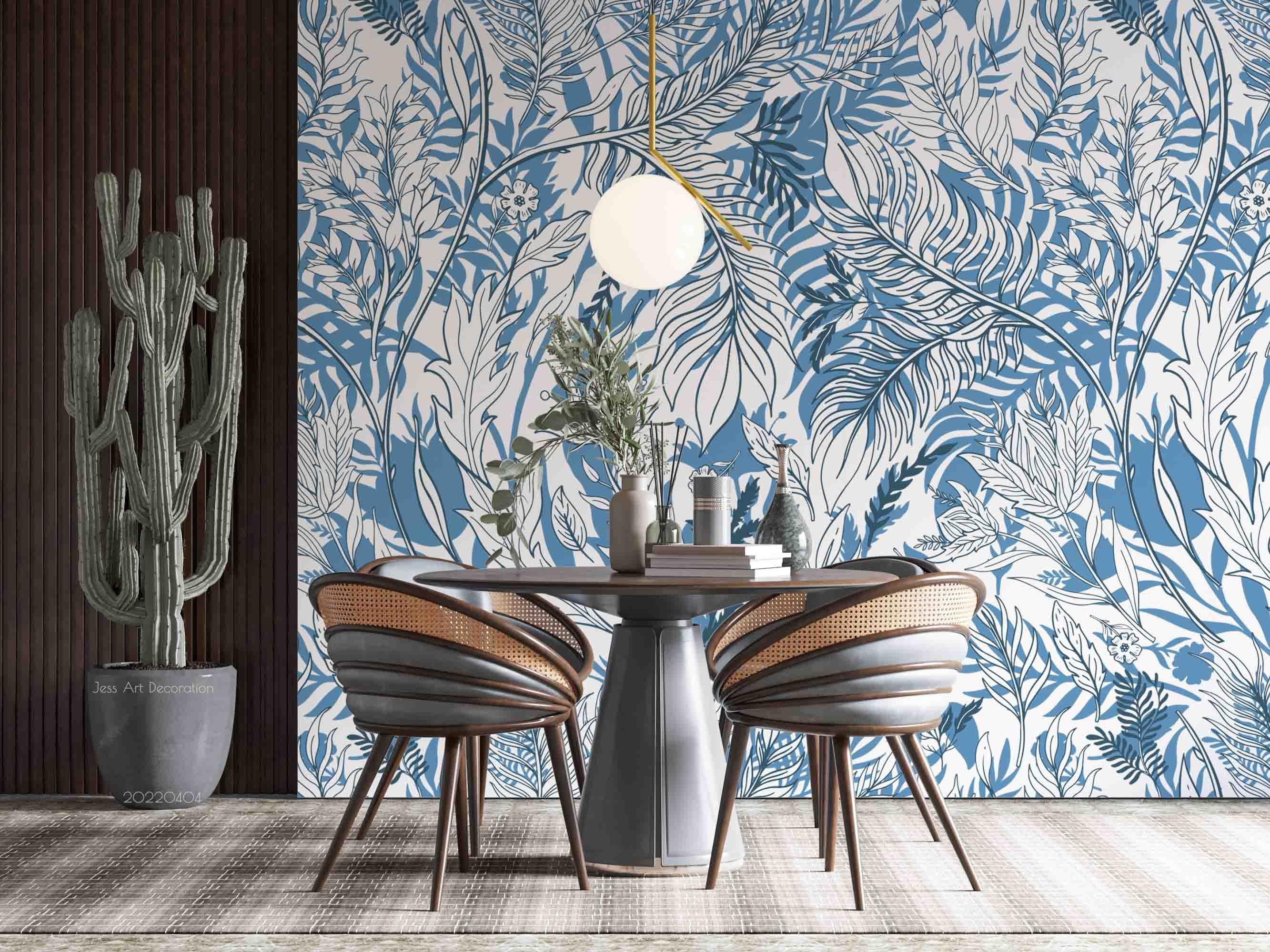 3D Watercolor Plant Leaf Blue White Wall Mural Wallpaper GD 4004- Jess Art Decoration