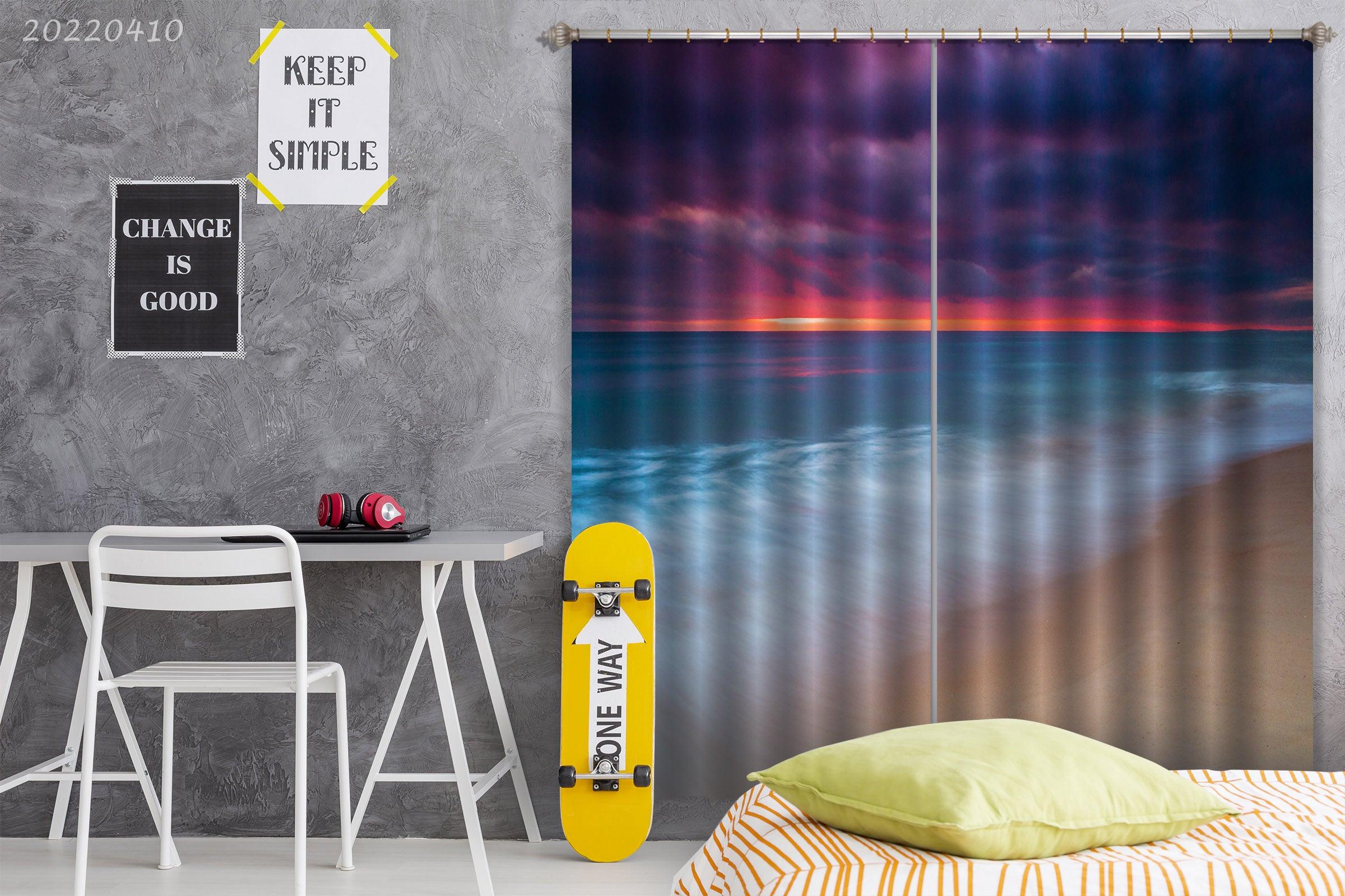 3D Ocean Beach Orange Skyline Cloudy Curtains and Drapes GD 3965- Jess Art Decoration