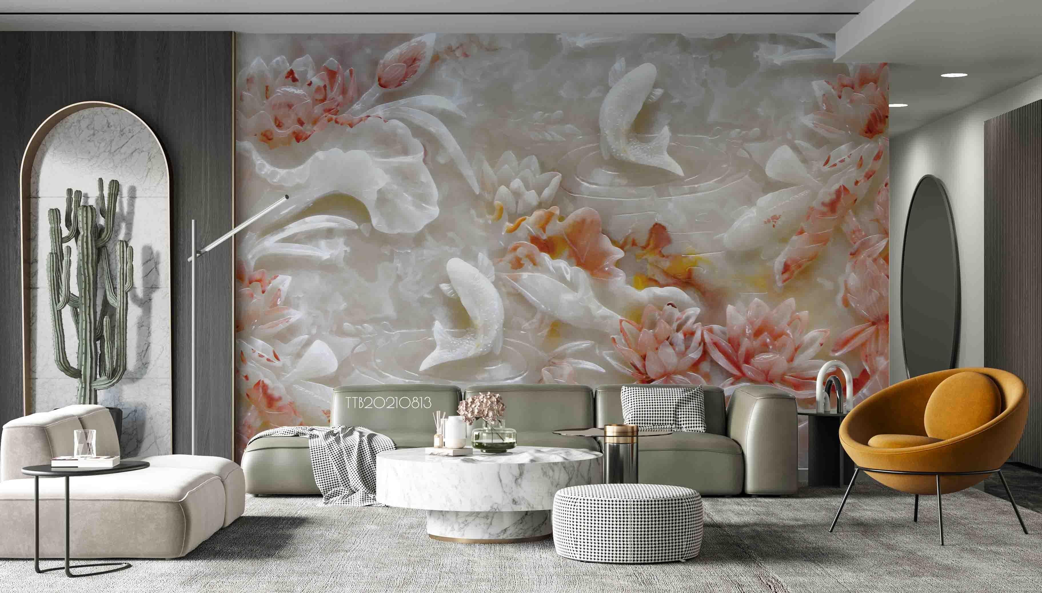 3D Marble Relief Lotus Carp Wall Mural WallpaperSWW5121- Jess Art Decoration