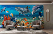 3D Hand-painted Cartoon Underwater World Fish Dolphin Coral Wall Mural Wallpaper 5089- Jess Art Decoration