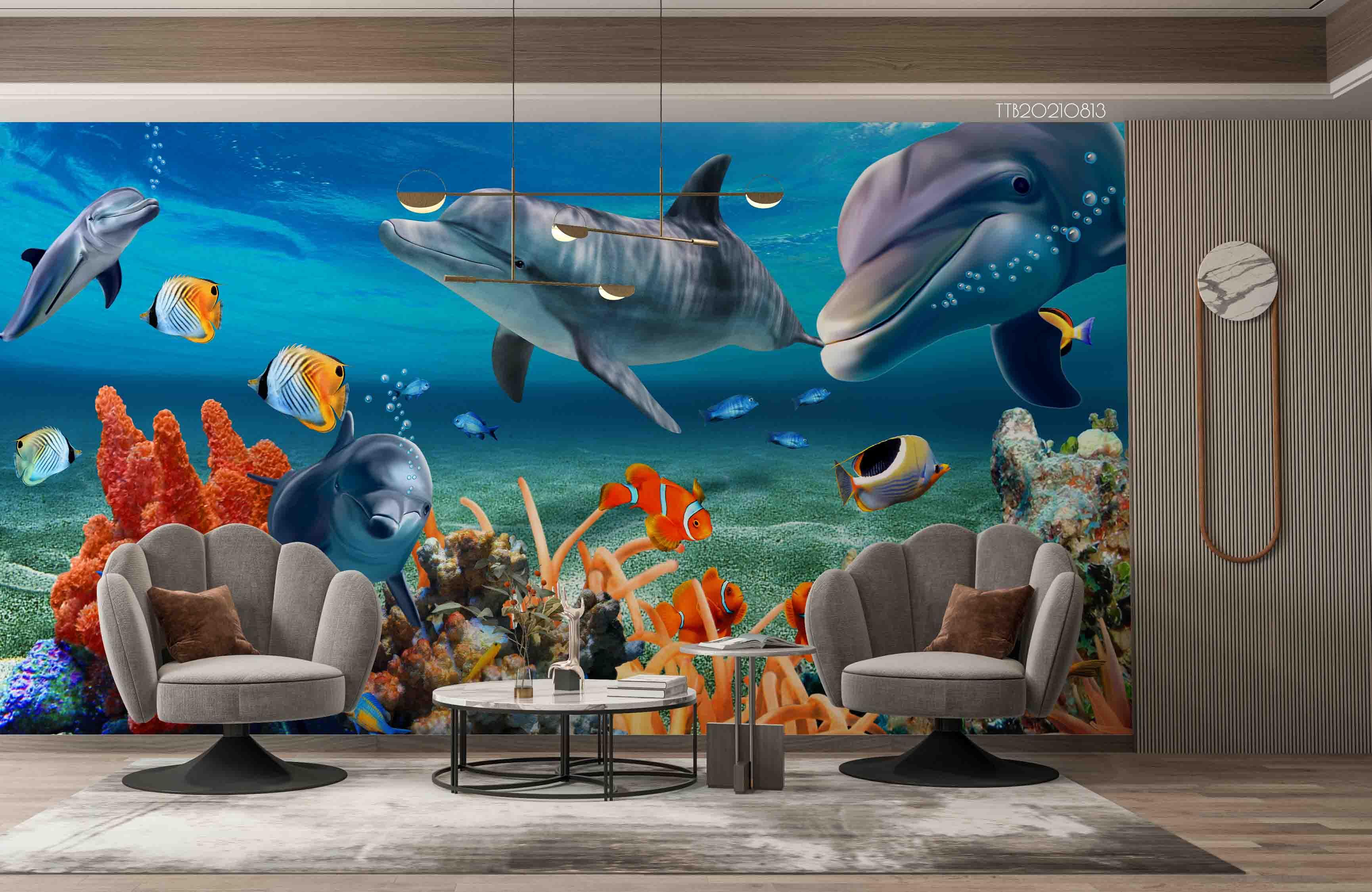 3D Hand-painted Cartoon Underwater World Fish Dolphin Coral Wall Mural Wallpaper 5089- Jess Art Decoration