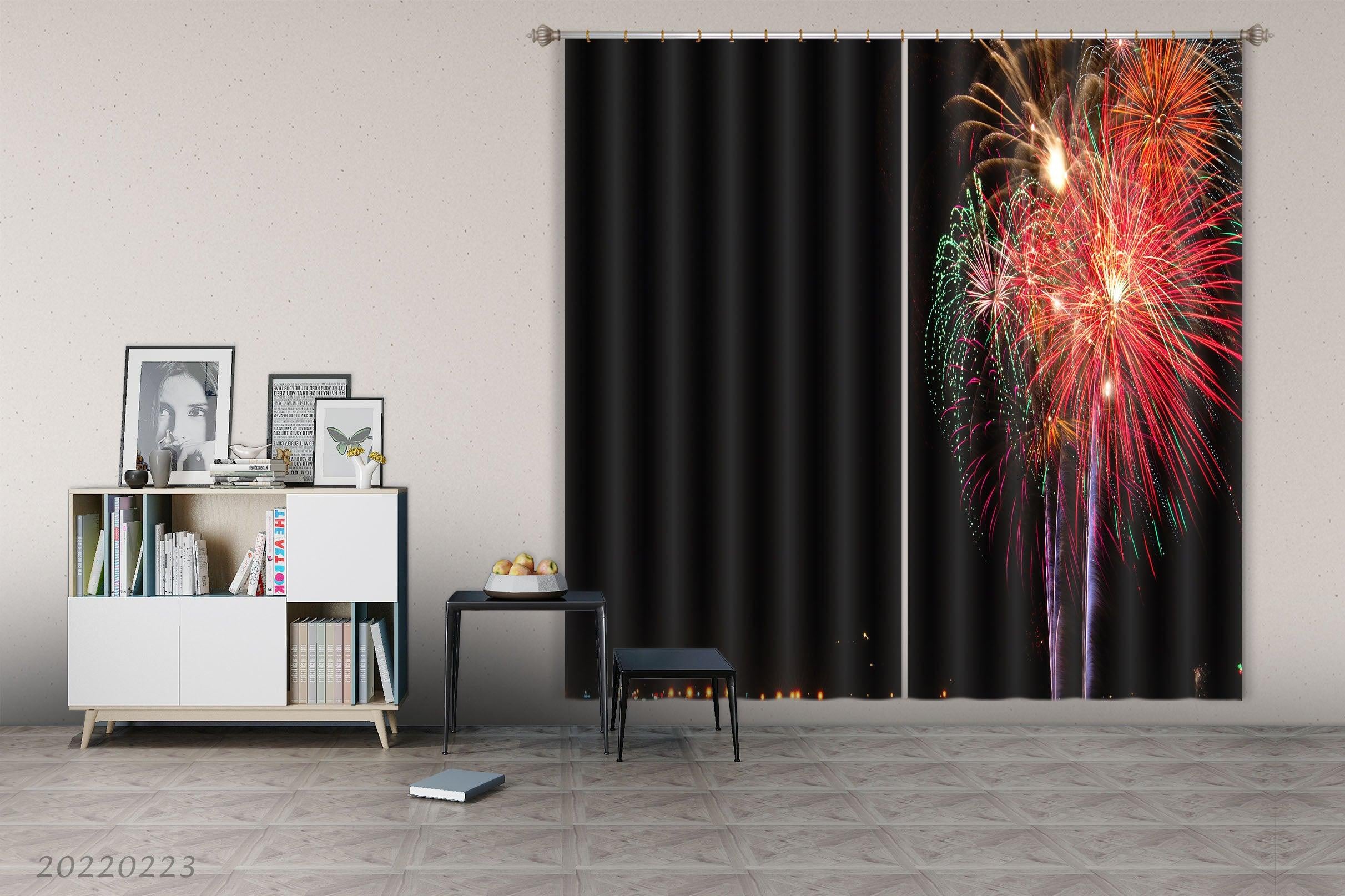 3D Colorful Fireworks Black Background Curtains and Drapes GD 2364- Jess Art Decoration