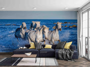 3D Blue Sea White Running Horse Wall Mural Wallpaper LQH 38- Jess Art Decoration