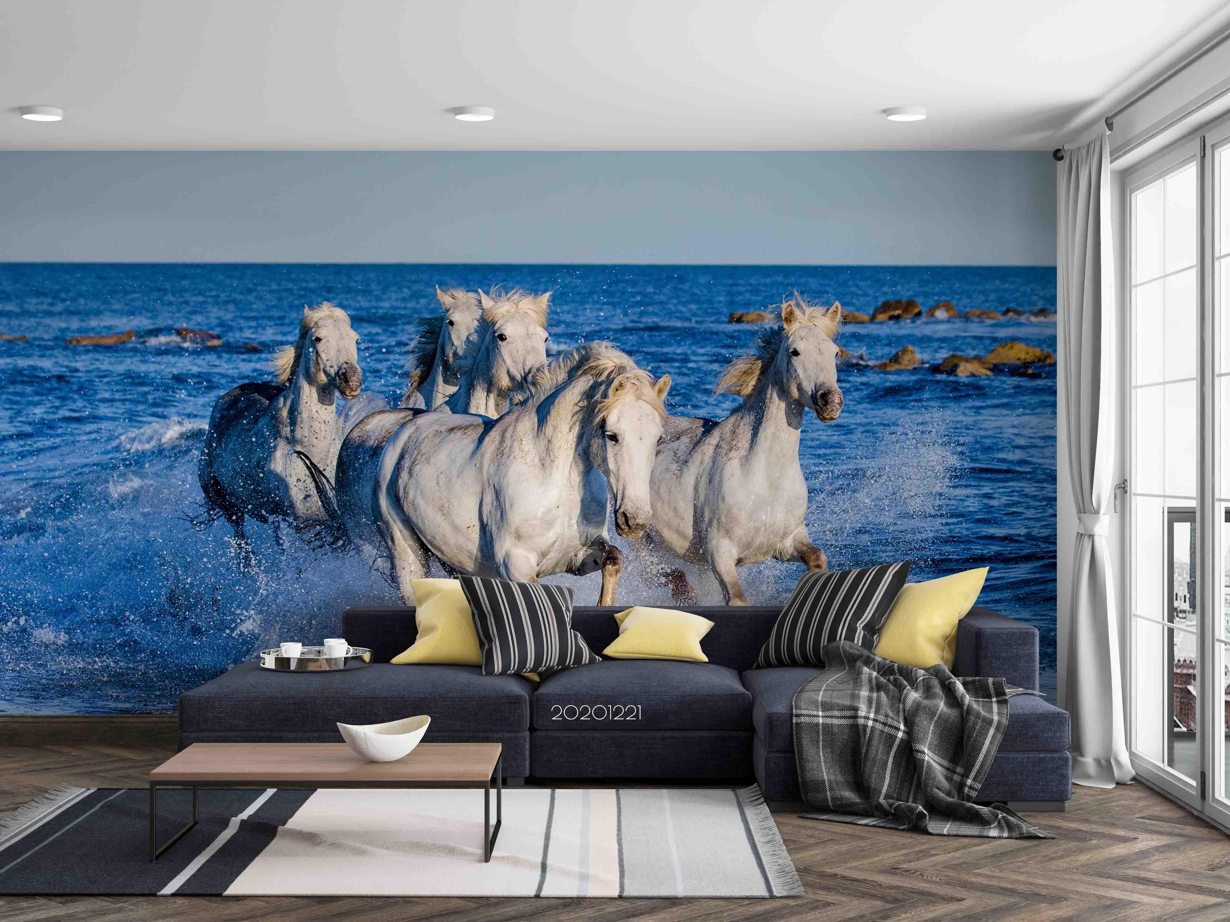 3D Blue Sea White Running Horse Wall Mural Wallpaper LQH 38- Jess Art Decoration