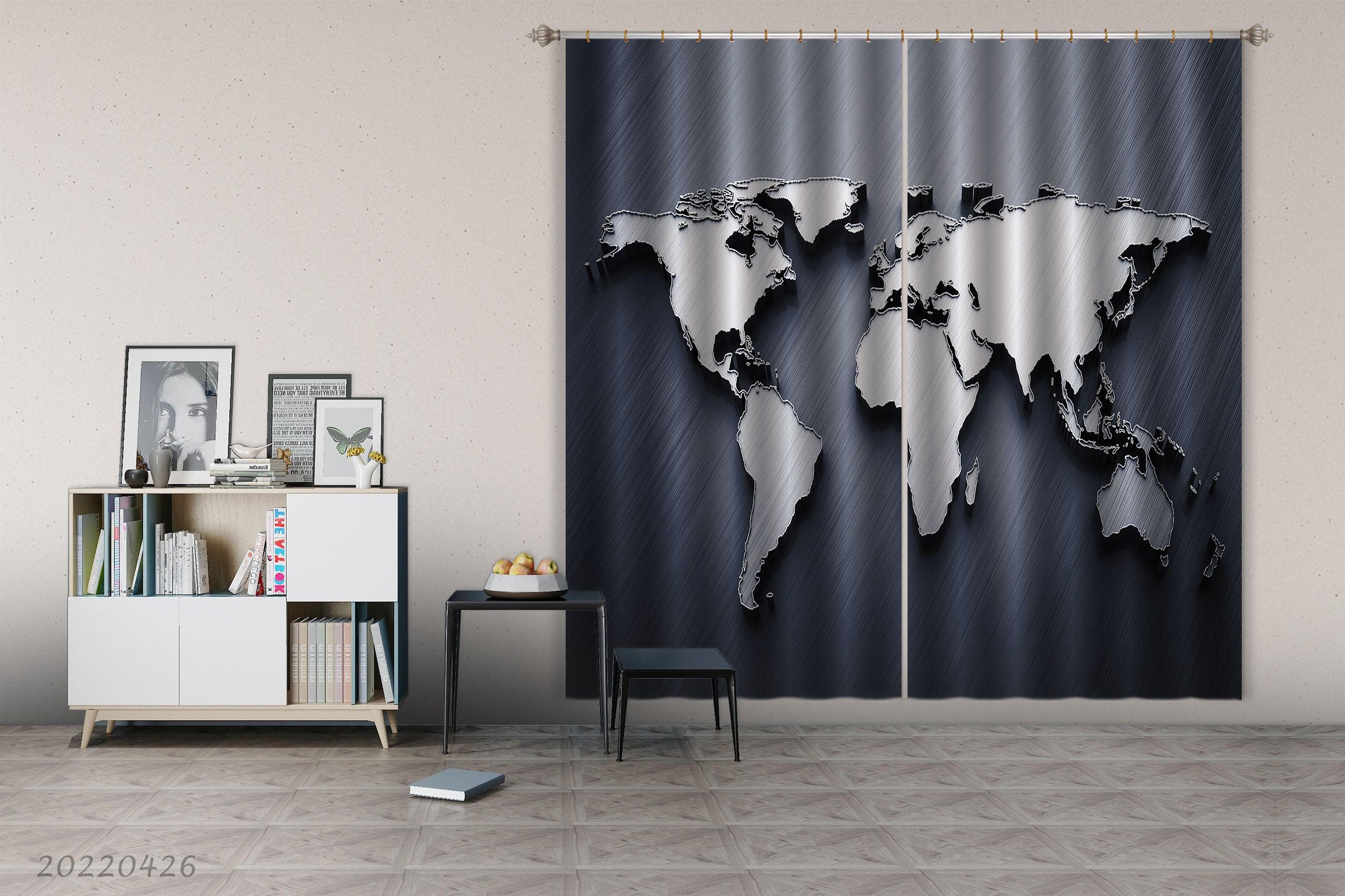 3D Abstract Map Relief Dark Blue Curtains and Drapes GD 4955- Jess Art Decoration