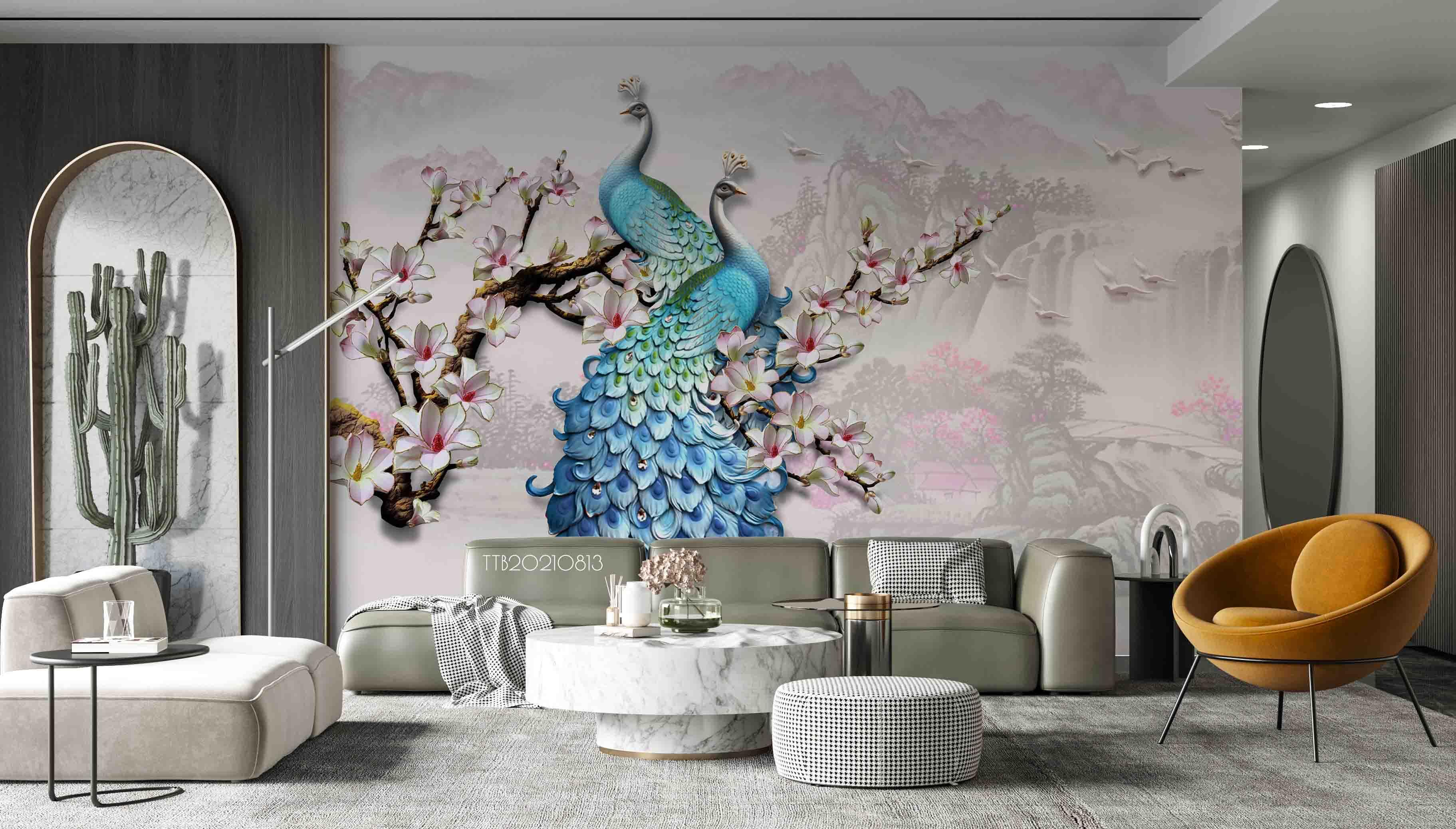 3D Chinese Style Blue Peacock Wall Mural Wallpaper SWW5129- Jess Art Decoration
