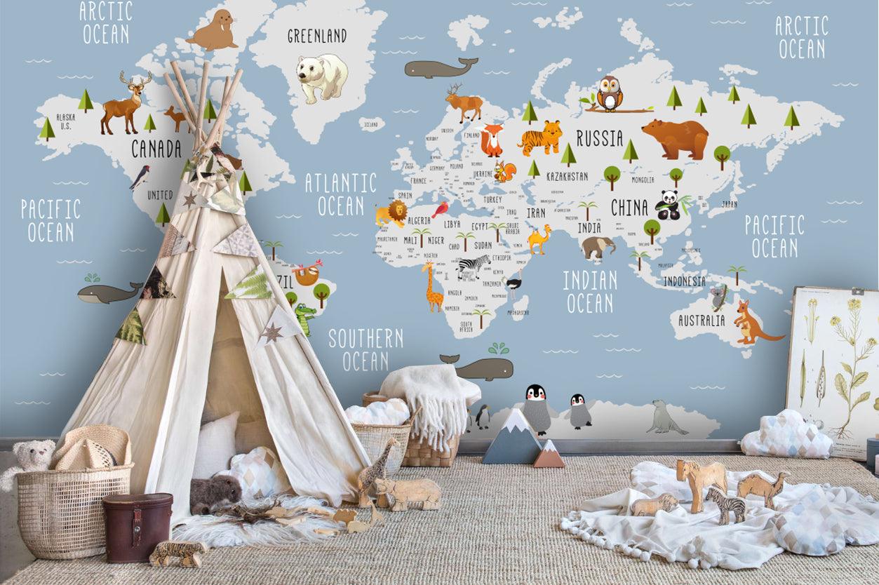 3D Blue World Animal Map Wall Mural Wallpaper LQH 54- Jess Art Decoration