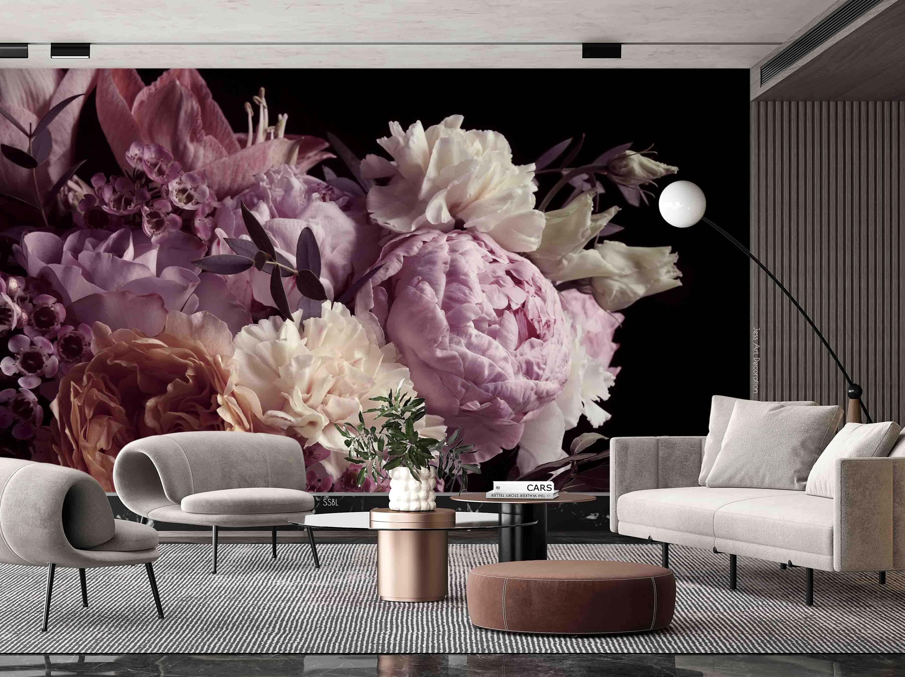 3D Vintage Blooming Pink Flowers Black Background Wall Mural Wallpaper GD 3550- Jess Art Decoration