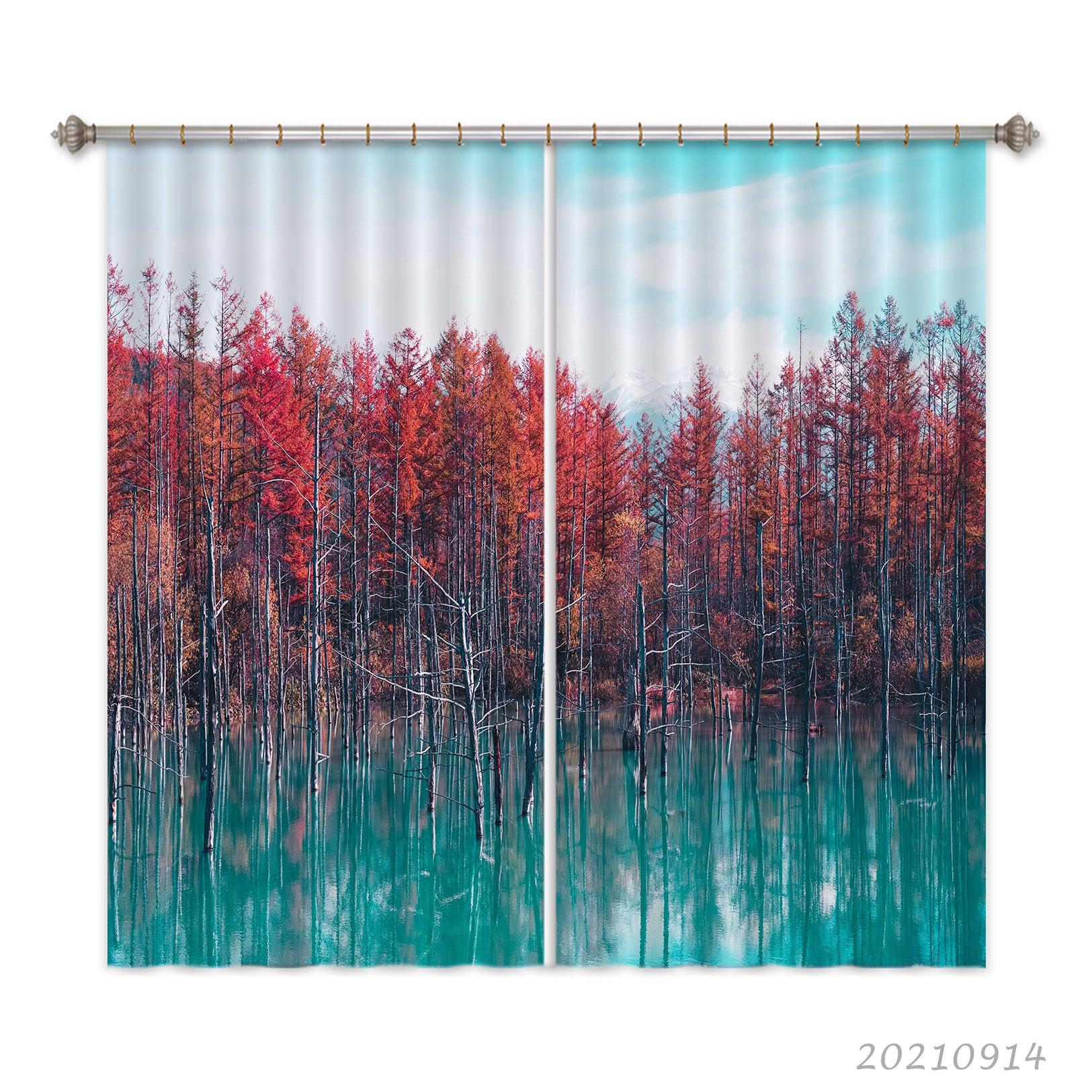 3D Forest Lake Landscape Autumn Sky Curtains and Drapes LQH 221- Jess Art Decoration
