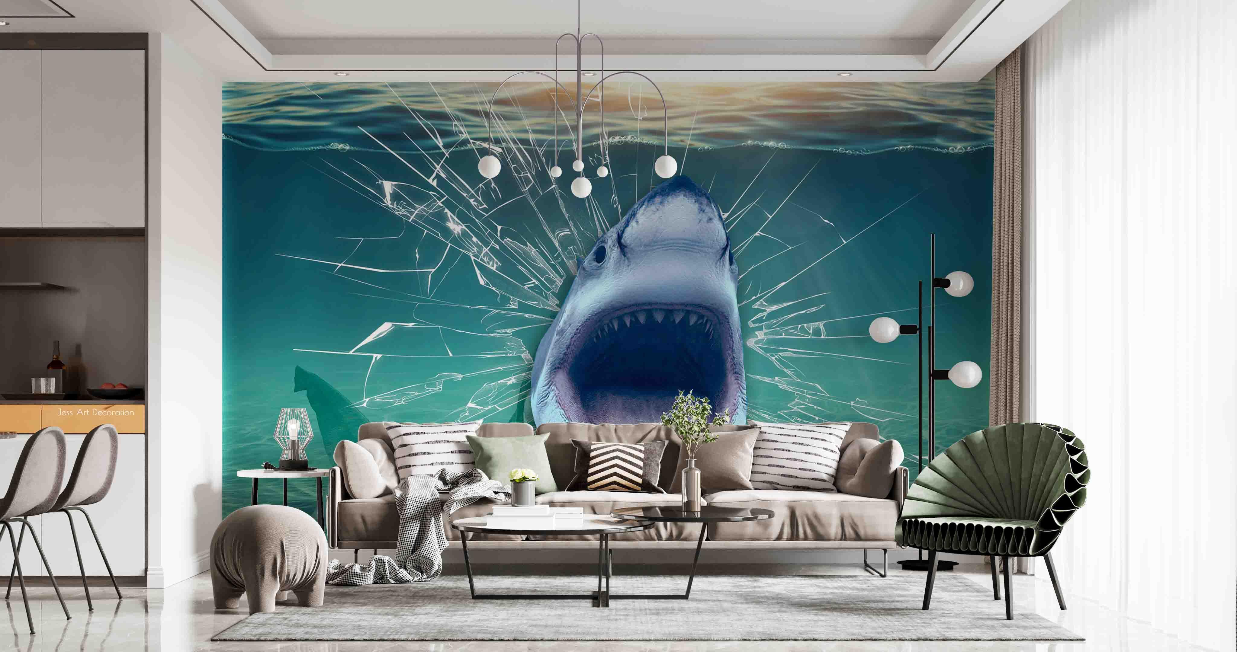 3D Glass Tank Crack Shark Mouth Wall Mural Wallpaper GD 2572- Jess Art Decoration