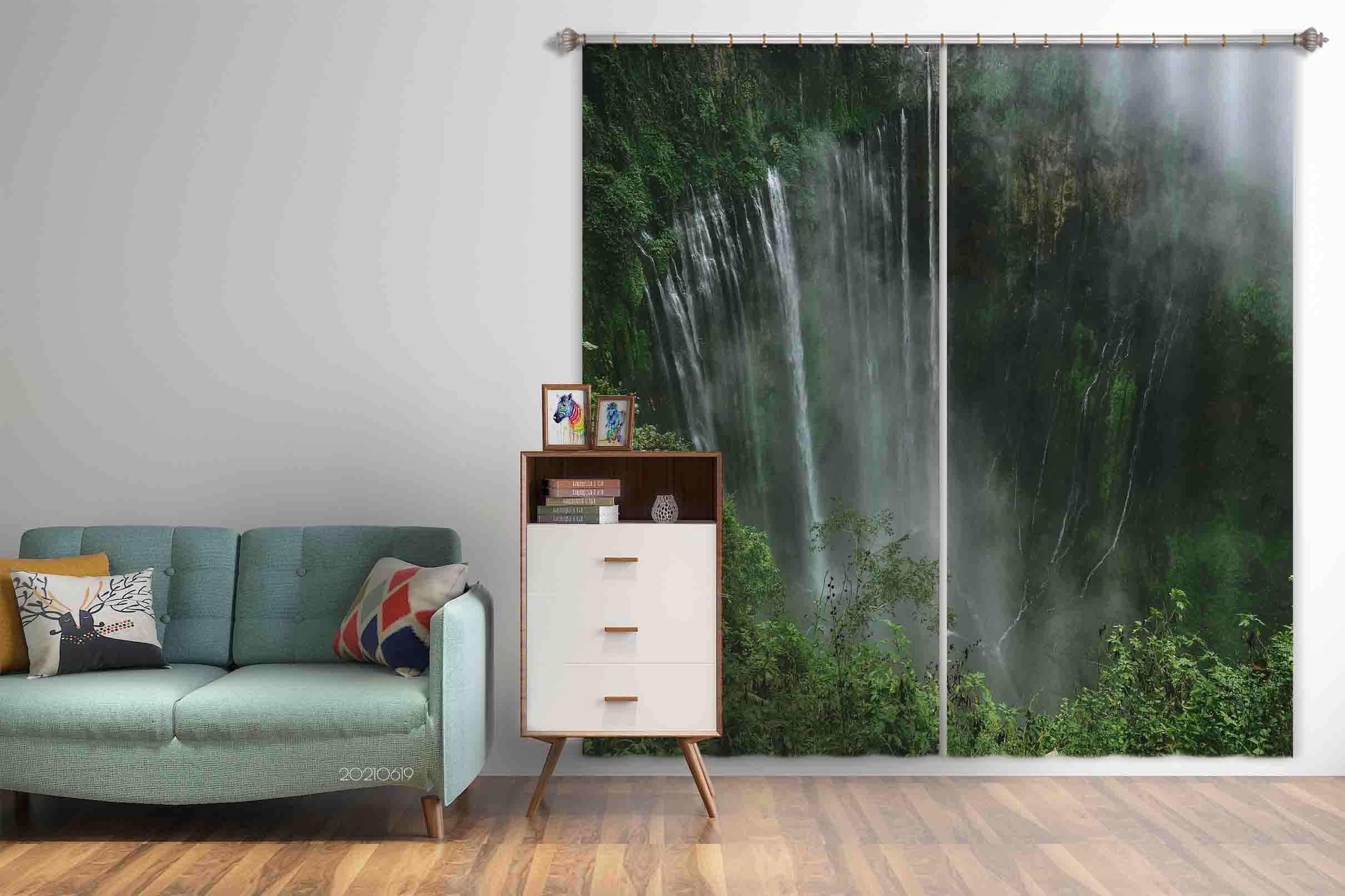 3D Waterfall Plant Jungle Fog Landscape Green Curtains and Drapes LLL 609- Jess Art Decoration