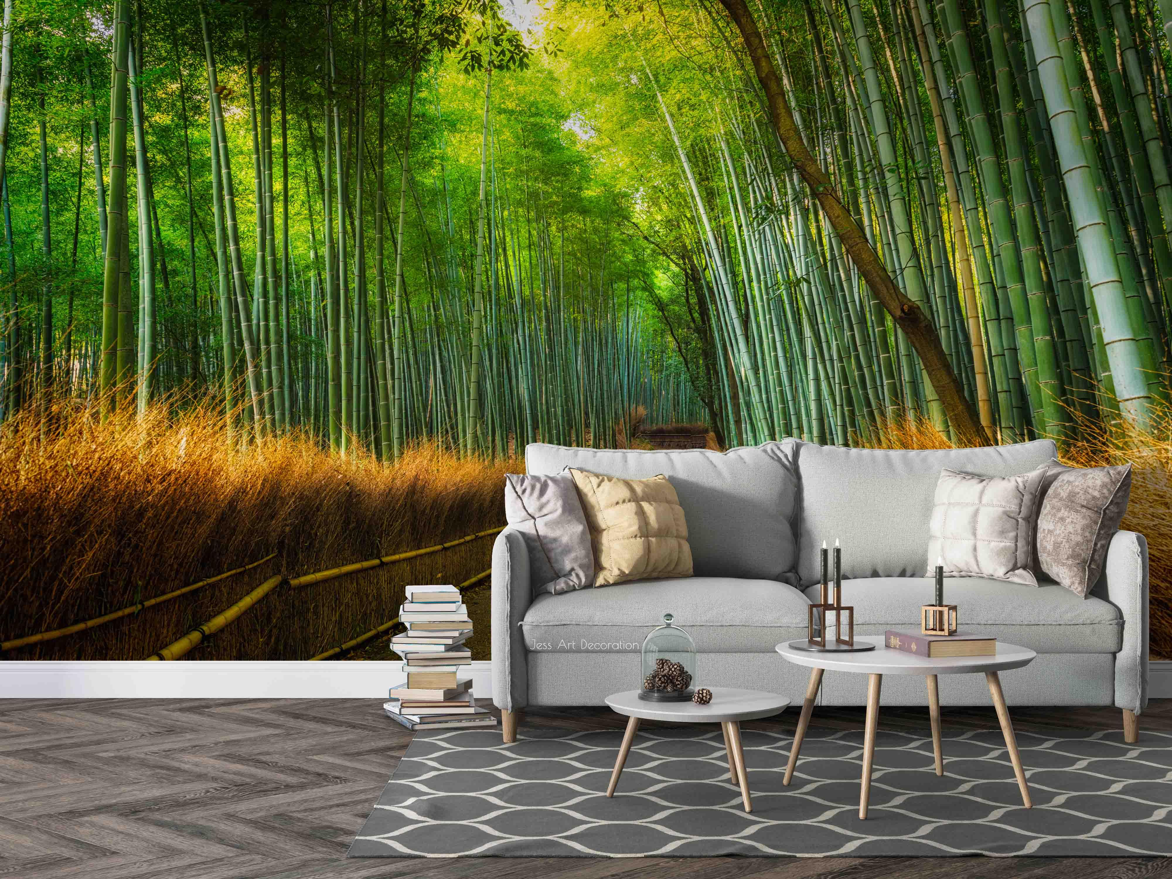 3D Secluded Forest Green Leaf Path Reed Fence Wall Mural Wallpaper GD 2235- Jess Art Decoration