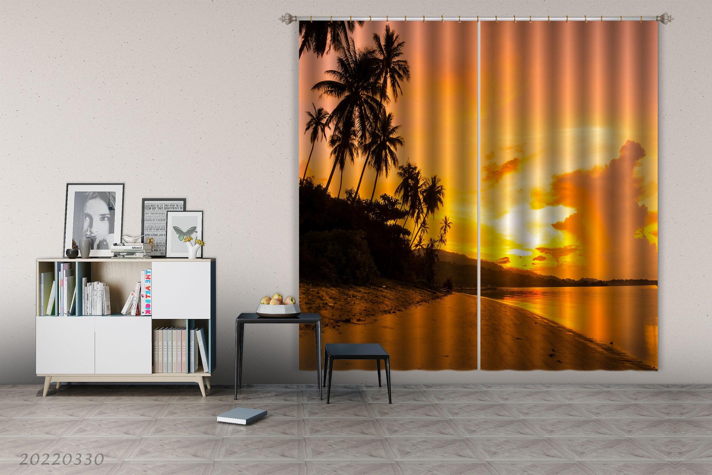 3D Landscape Ocean Beach Coconut Tree Sunrise Curtains and Drapes GD 3736- Jess Art Decoration