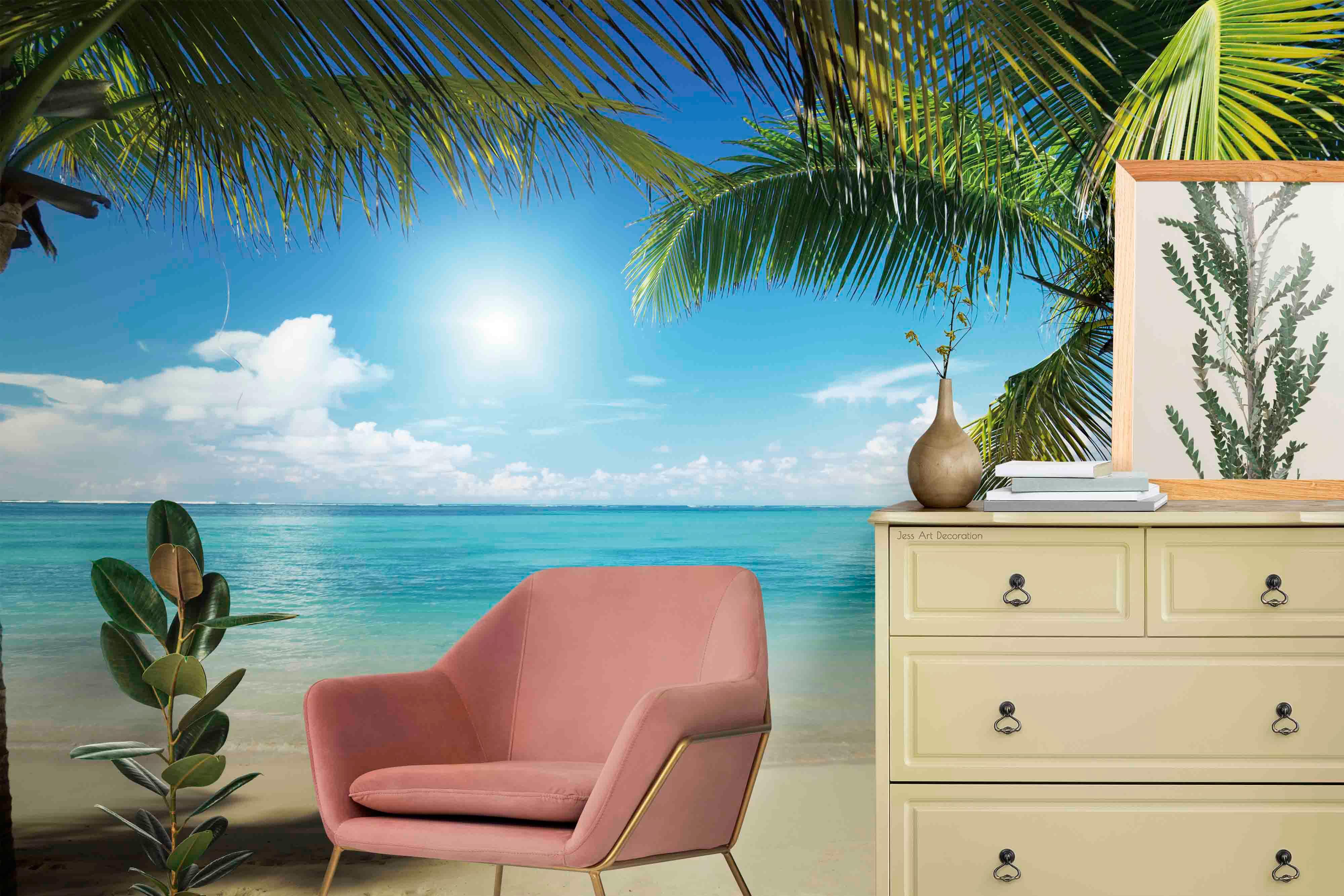 3D Beach Blue Ocean Sky White Clouds Sun Coconut Tree Wall Mural Wallpaper GD 2974- Jess Art Decoration
