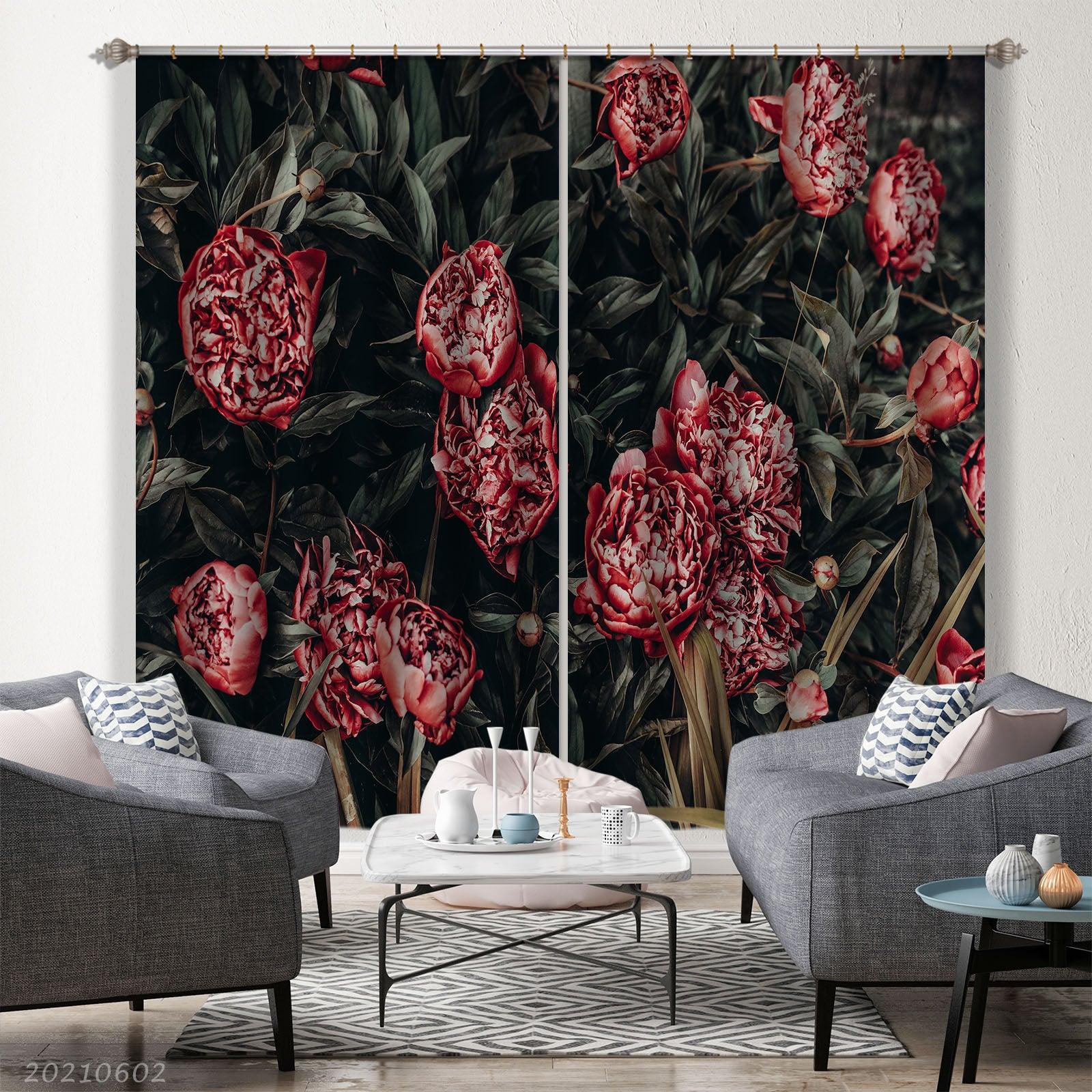3D Vintage Red Peony Flower Green Leaf Curtains and Drapes GD 636- Jess Art Decoration