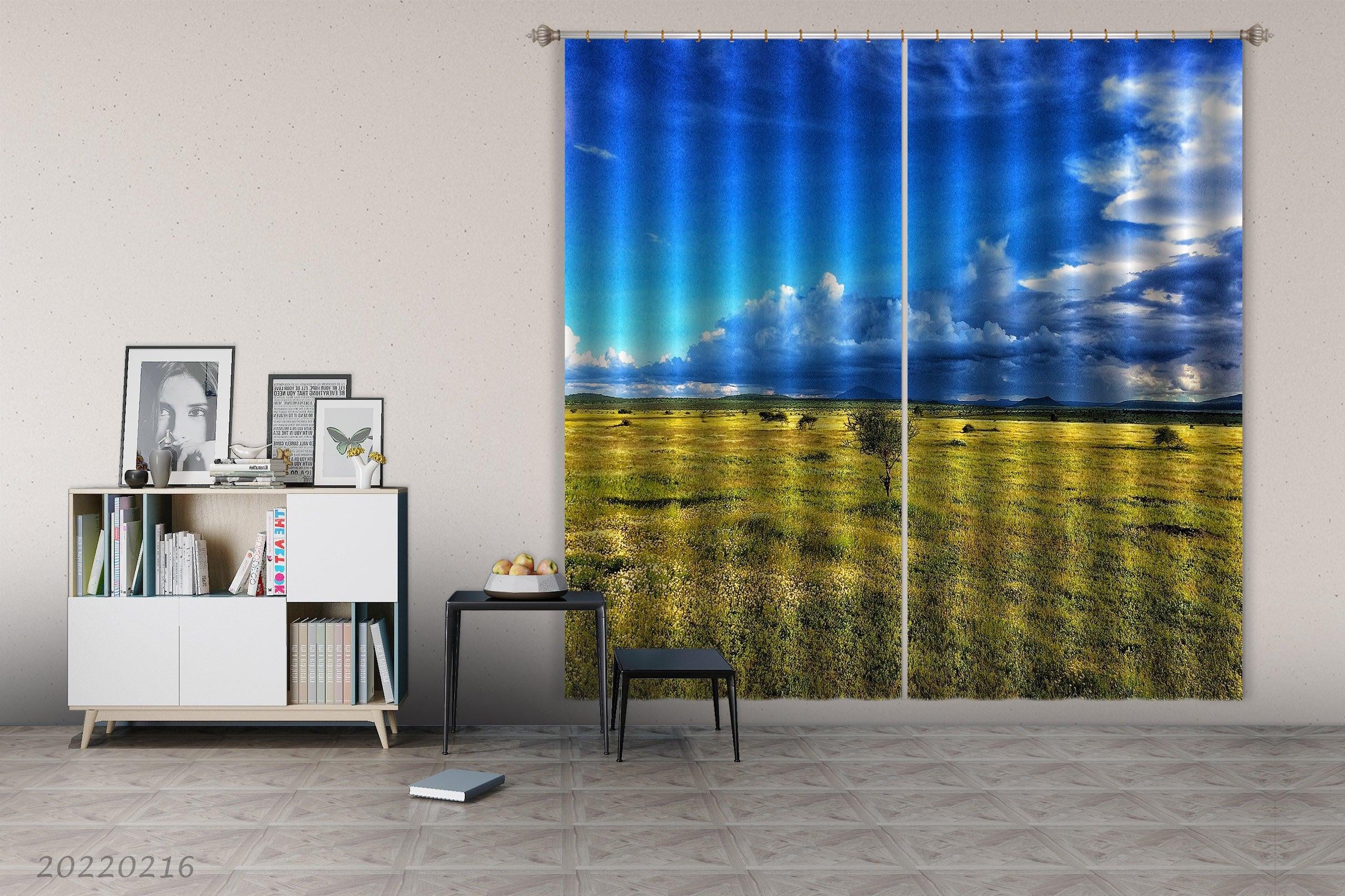 3D Yellow Prairie Small Tree Blue Sky Cloud Scenery Curtains and Drapes GD 2236- Jess Art Decoration