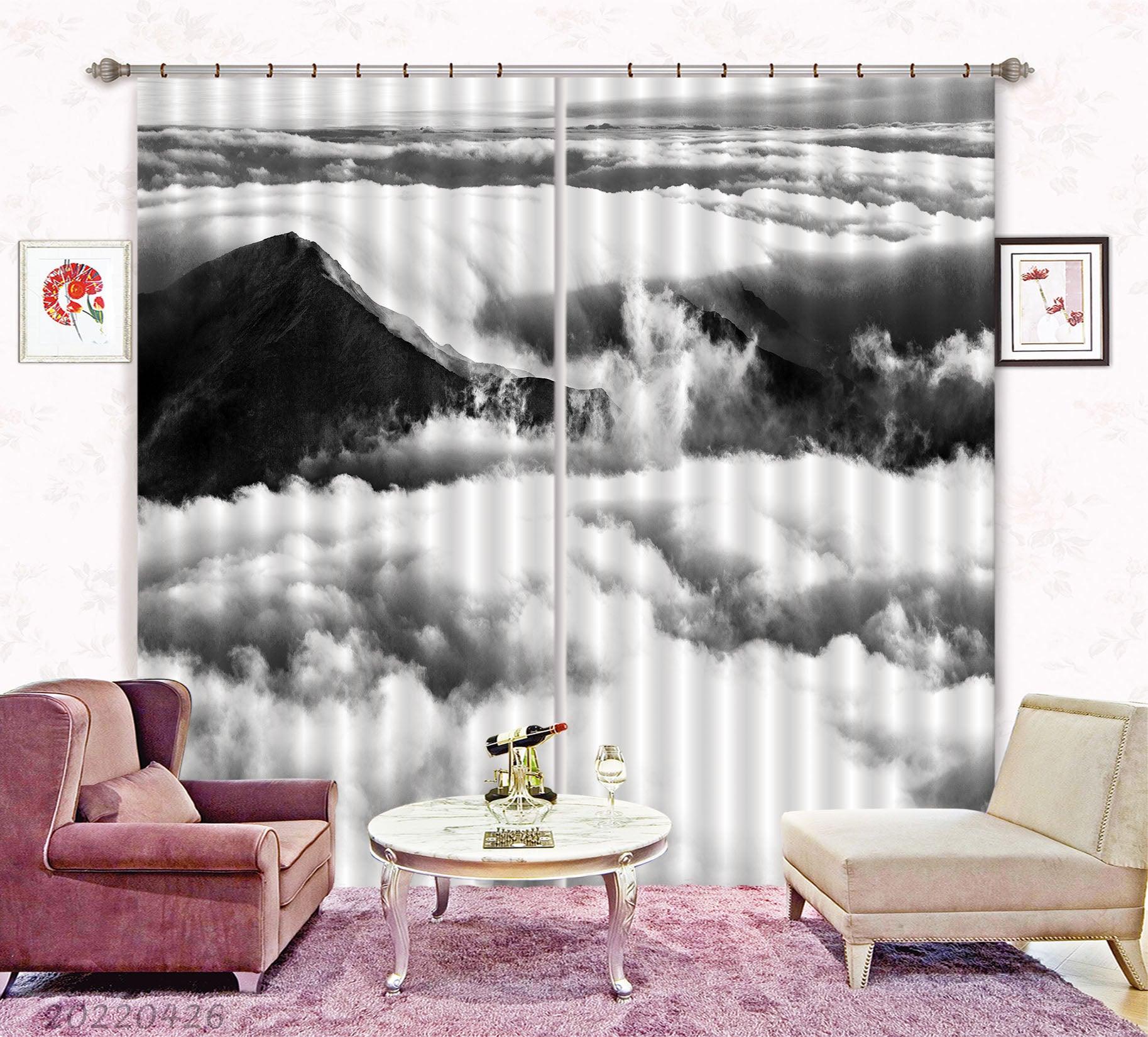 3D Landscape Mountain Peak Cloud Fog Black White Curtains and Drapes GD 4736- Jess Art Decoration