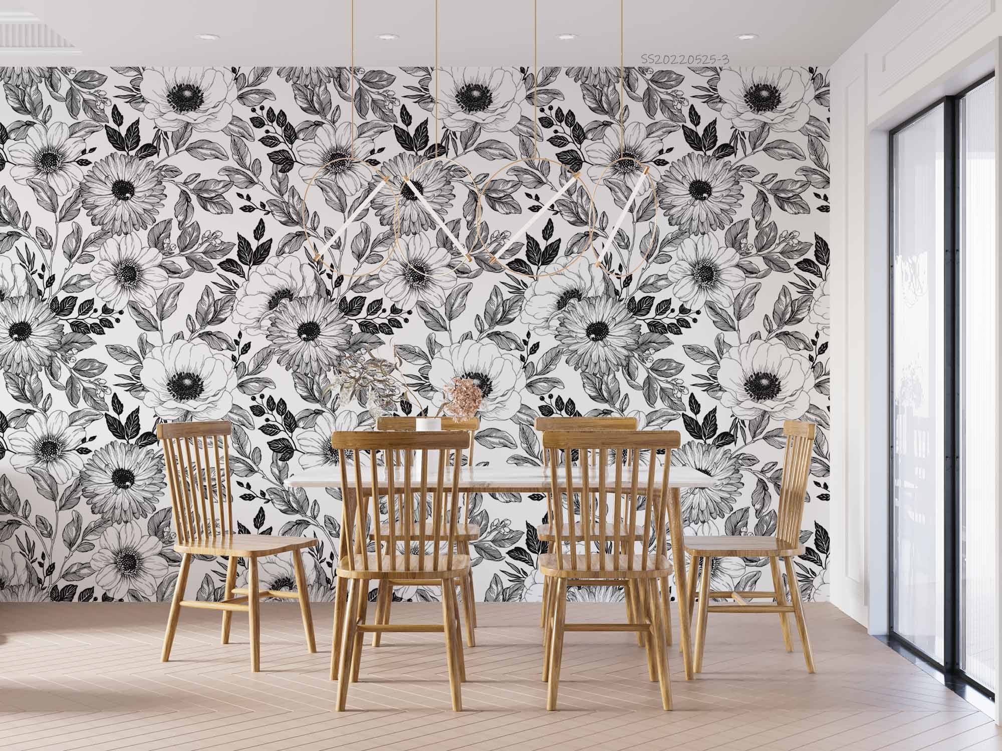 3D Sketch Floral Leaf White Black Wall Mural Wallpaper GD 290- Jess Art Decoration