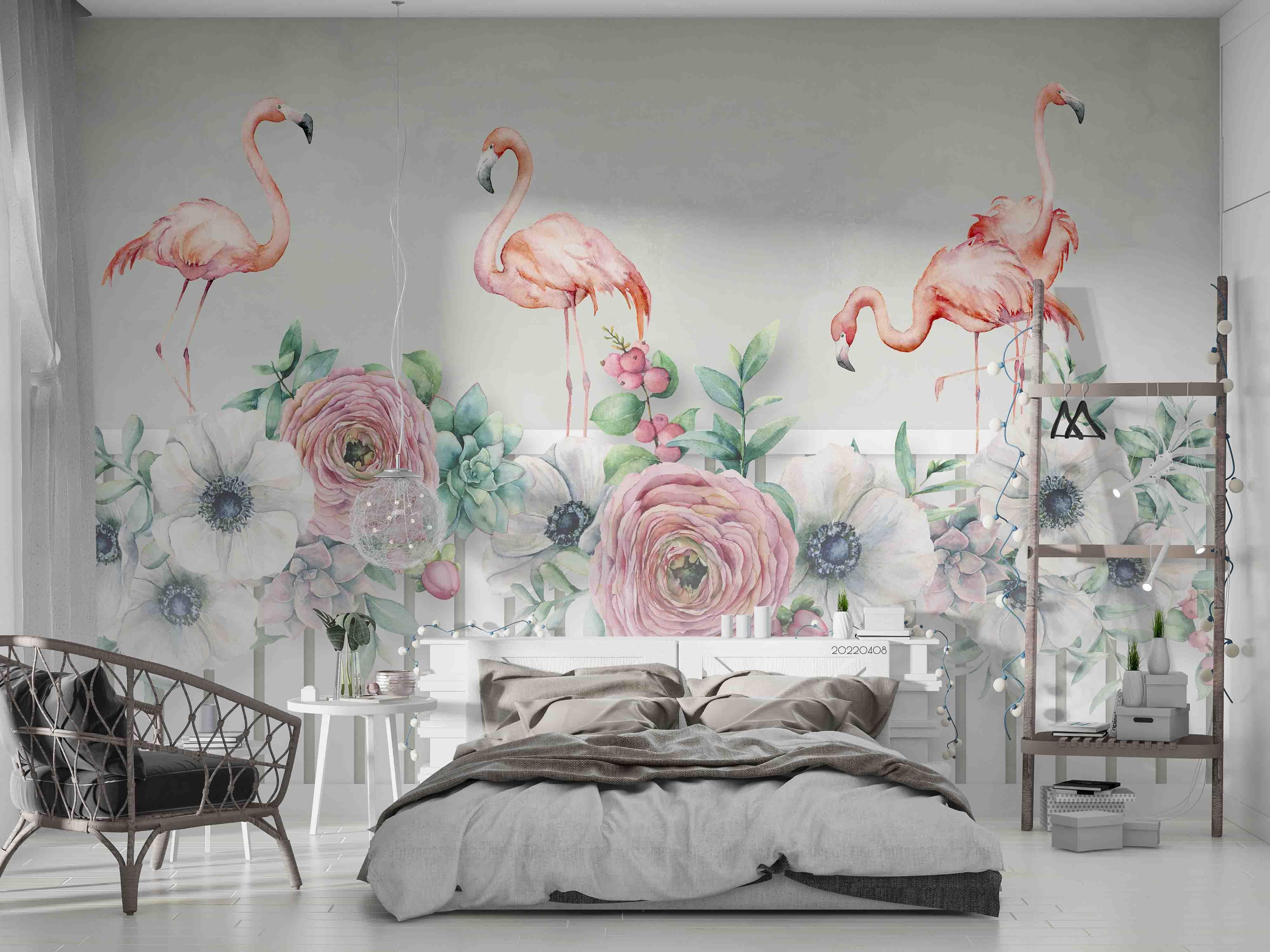 3D Tropical Flamingo Plant Floral Wall Mural Wallpaper GD 3874- Jess Art Decoration