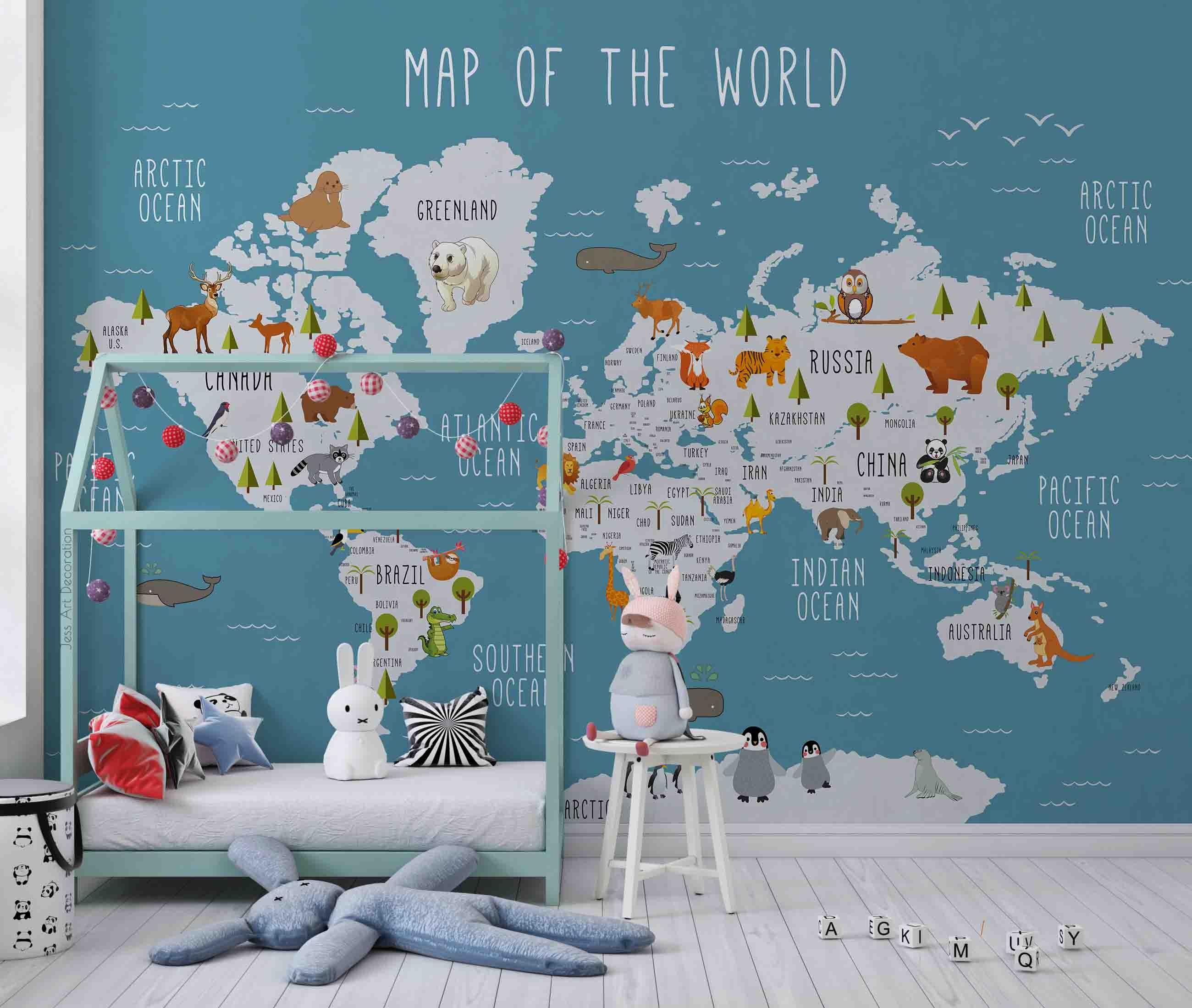 3D World Map Animal Wall Mural Wallpaper GD 2646- Jess Art Decoration