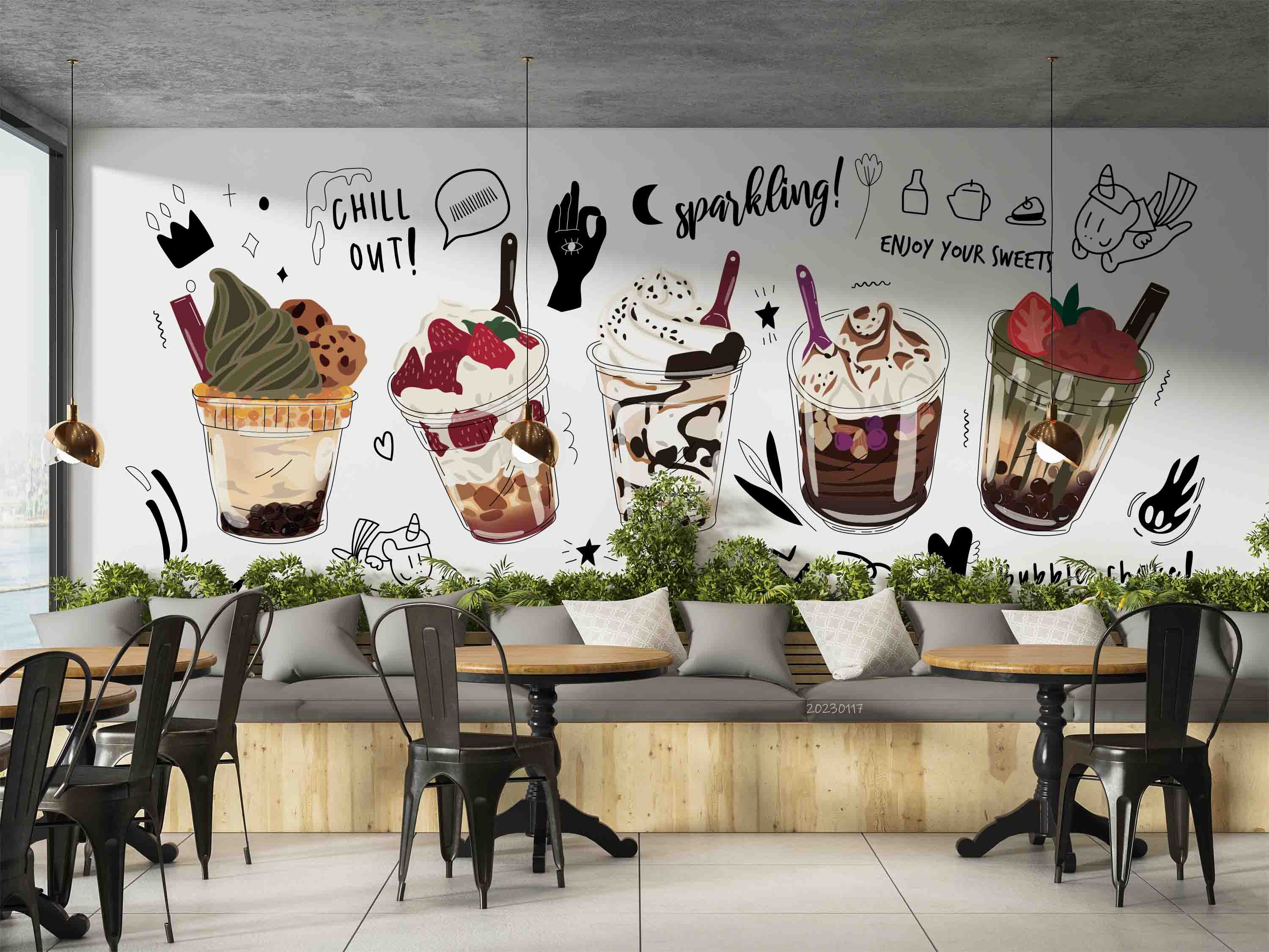 3D Cartoon Ice Cream Bubble Tea Pearl Tea Milk Tea Shop Wall Mural Wallpaper JN 34- Jess Art Decoration