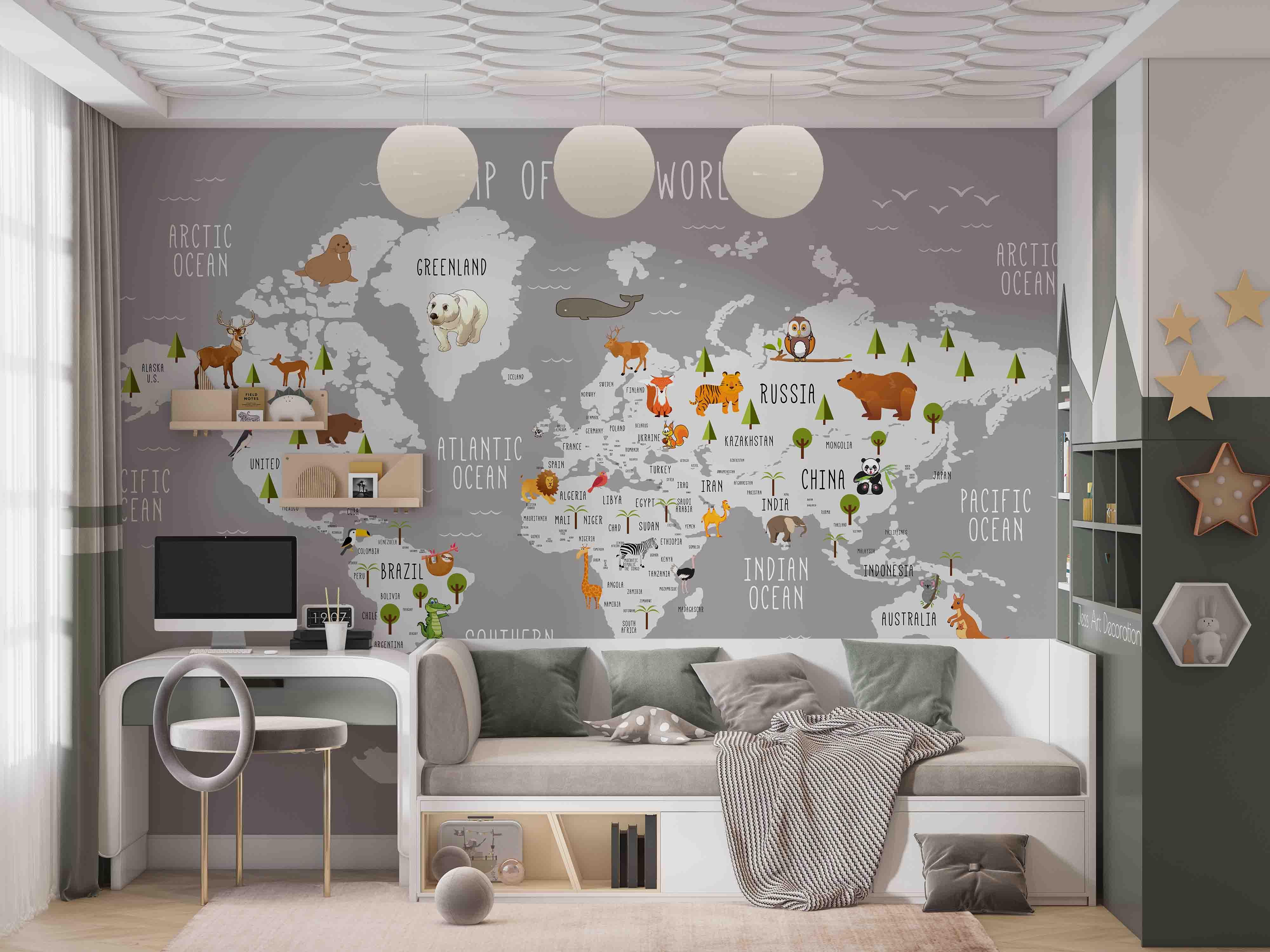 3D World Map Animal Plant Wall Mural Wallpaper GD 2570- Jess Art Decoration