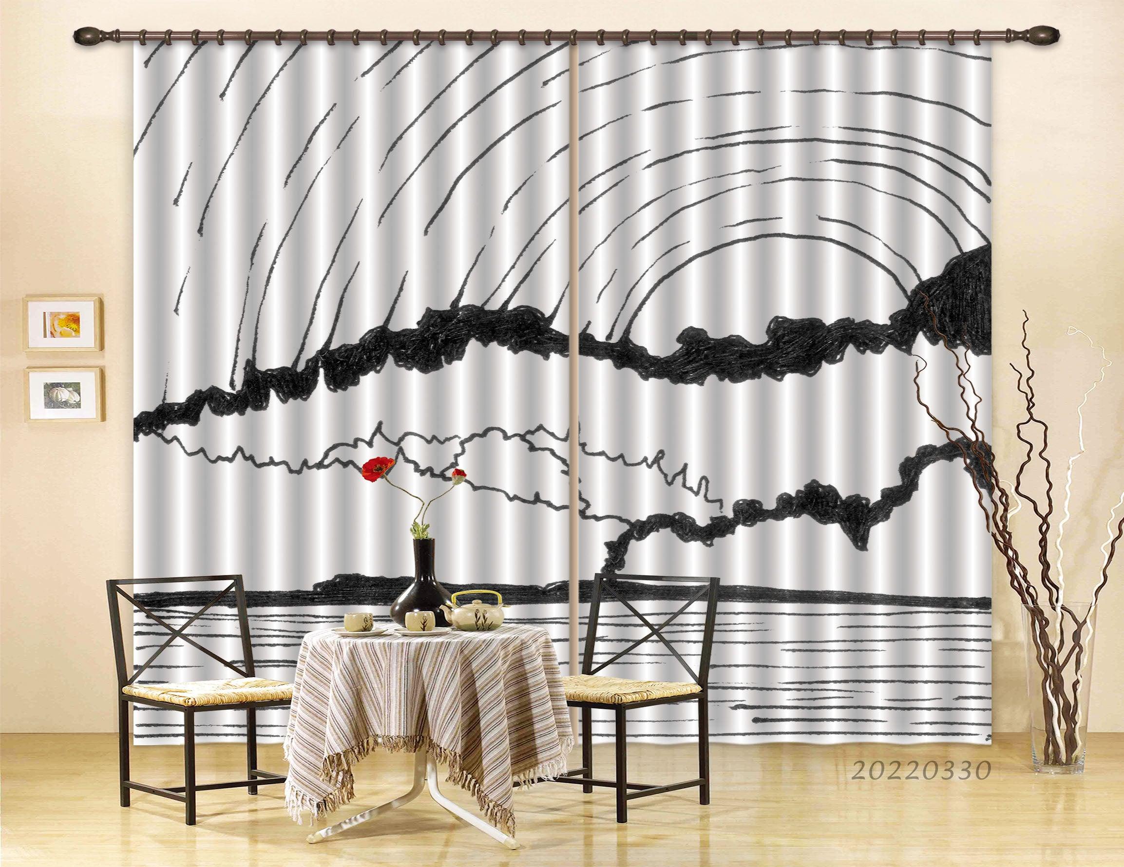 3D Abstract Sun Mountain Lake Ink Curtains and Drapes GD 3636- Jess Art Decoration