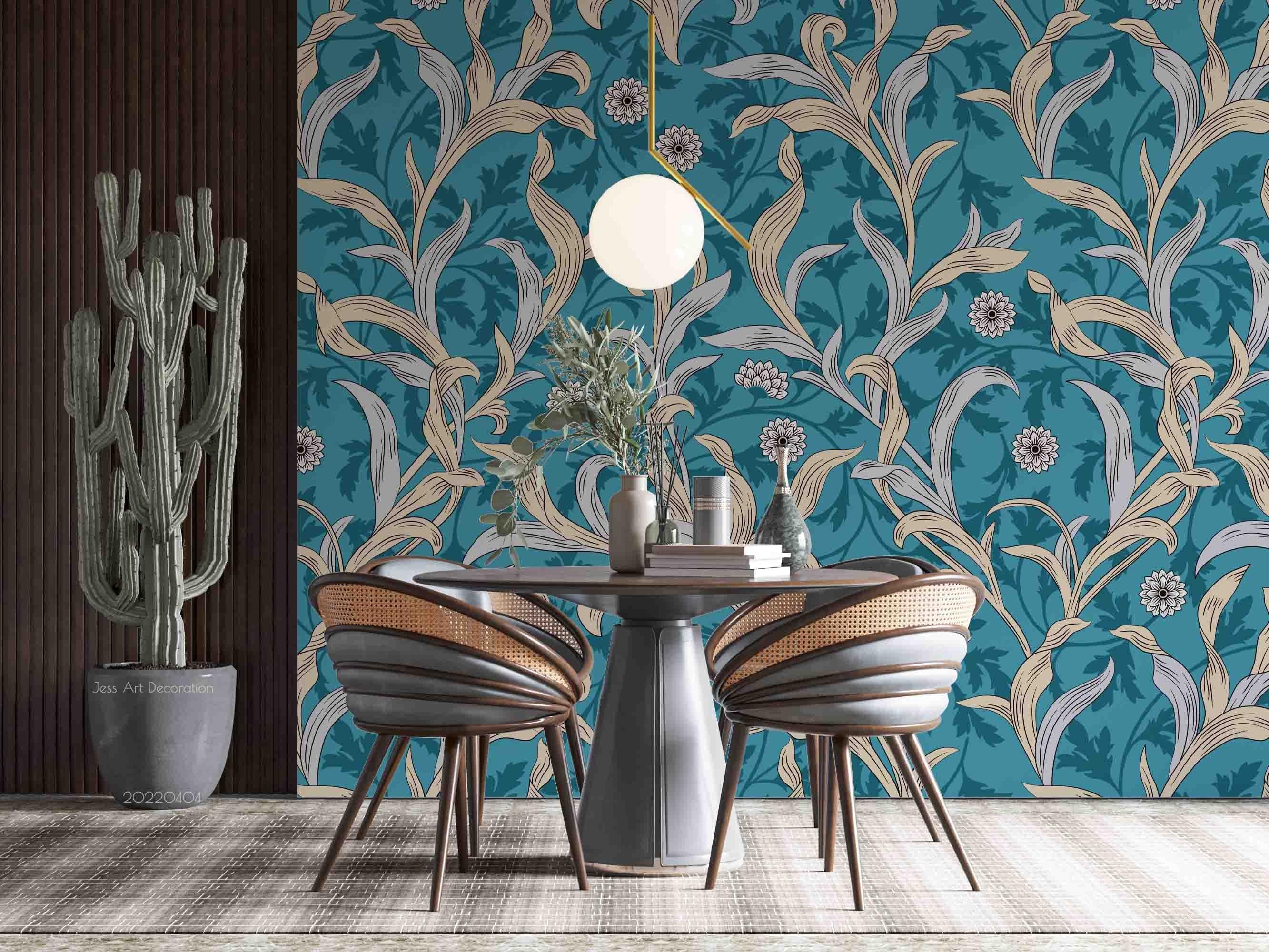 3D Vintage Plant Leaf Floral Blue Wall Mural Wallpaper GD 3988- Jess Art Decoration