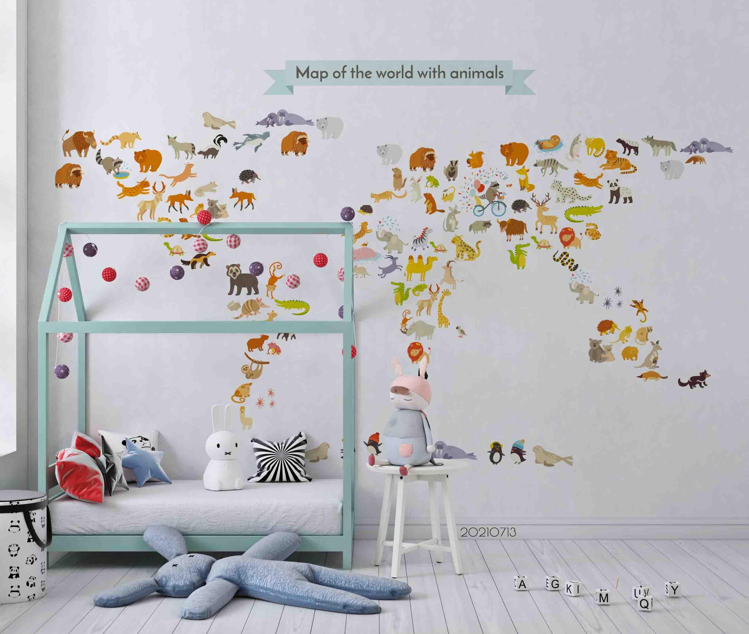 3D Hand Drawn World Map Animals Wall Mural Wallpaper LQH 152- Jess Art Decoration