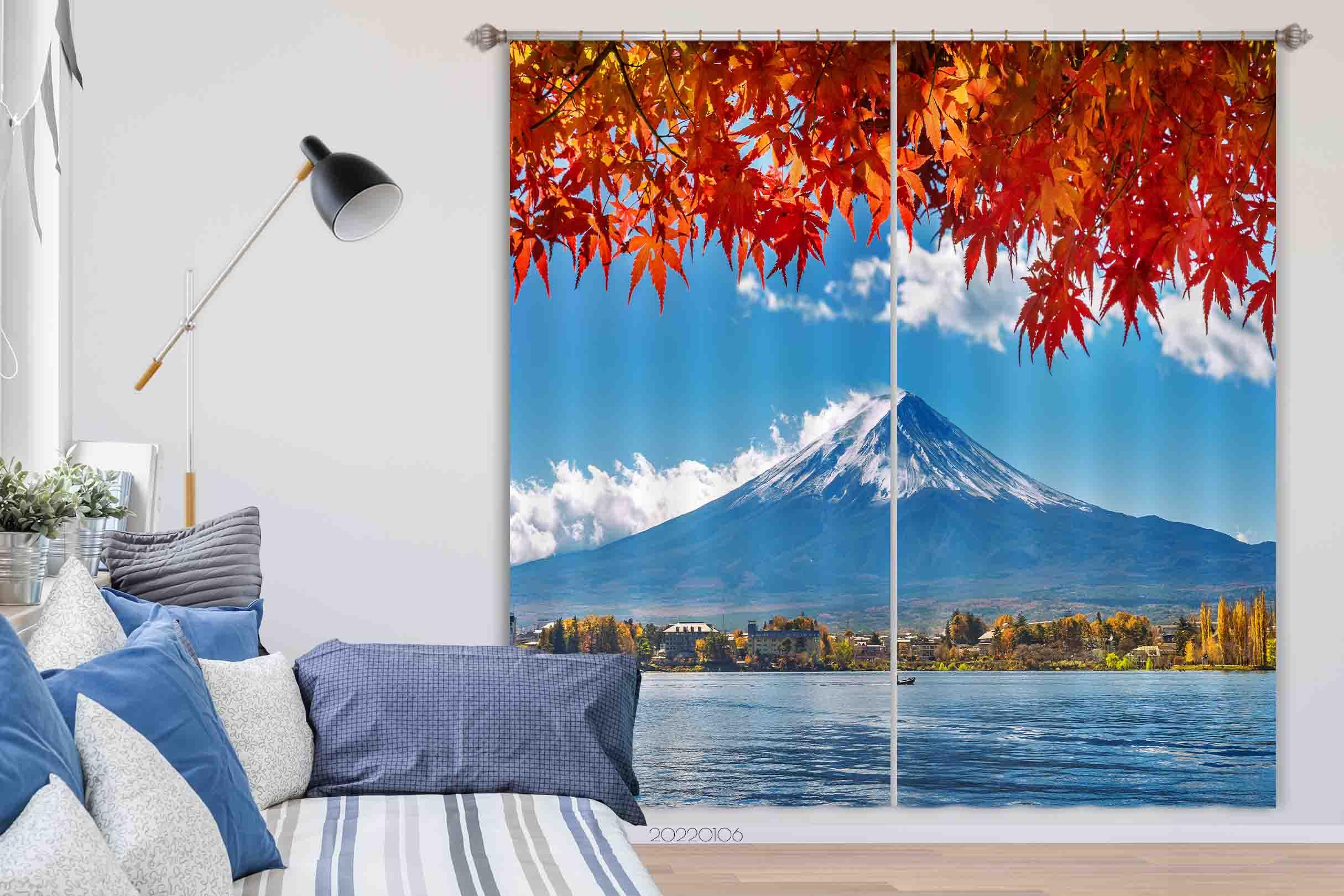 3D Autumn Japan Mount Fuji Lake Red Maple Leaf Curtains and Drapes GD 208- Jess Art Decoration