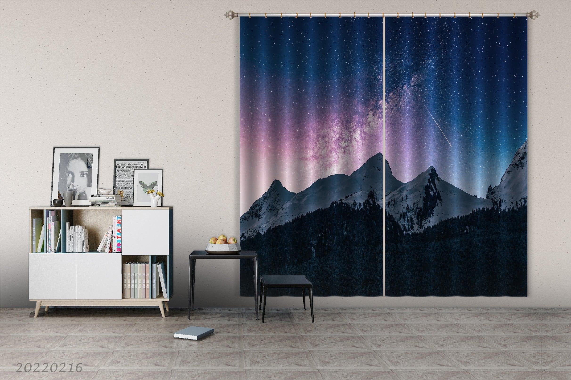 3D Snow Mountain Peak Woods Purple Blue Star Sky Curtains and Drapes GD 2275- Jess Art Decoration