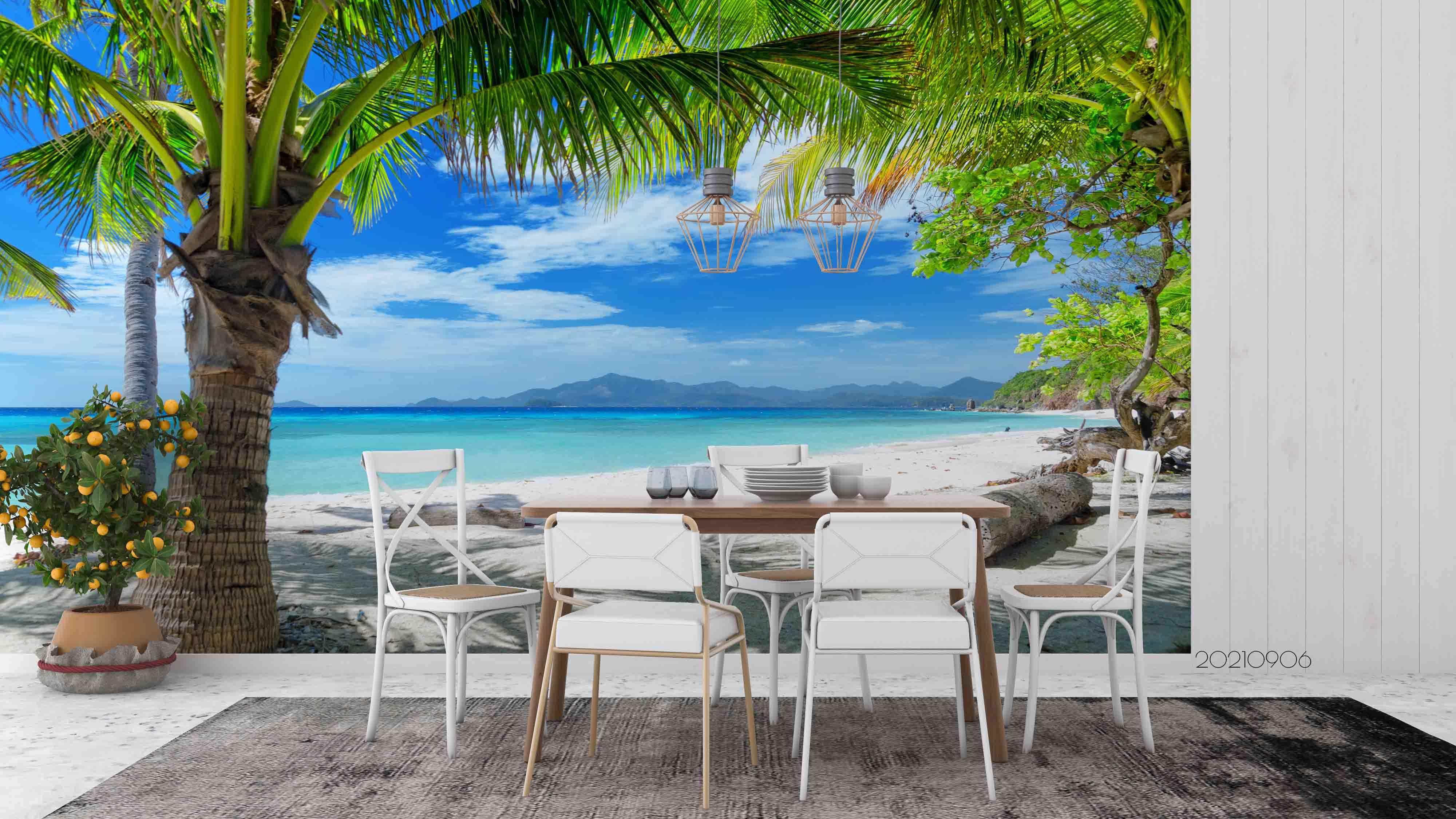 3D Blue Sky Cloud Beach Palm Landscape Wall Mural Wallpaper LQH 606- Jess Art Decoration