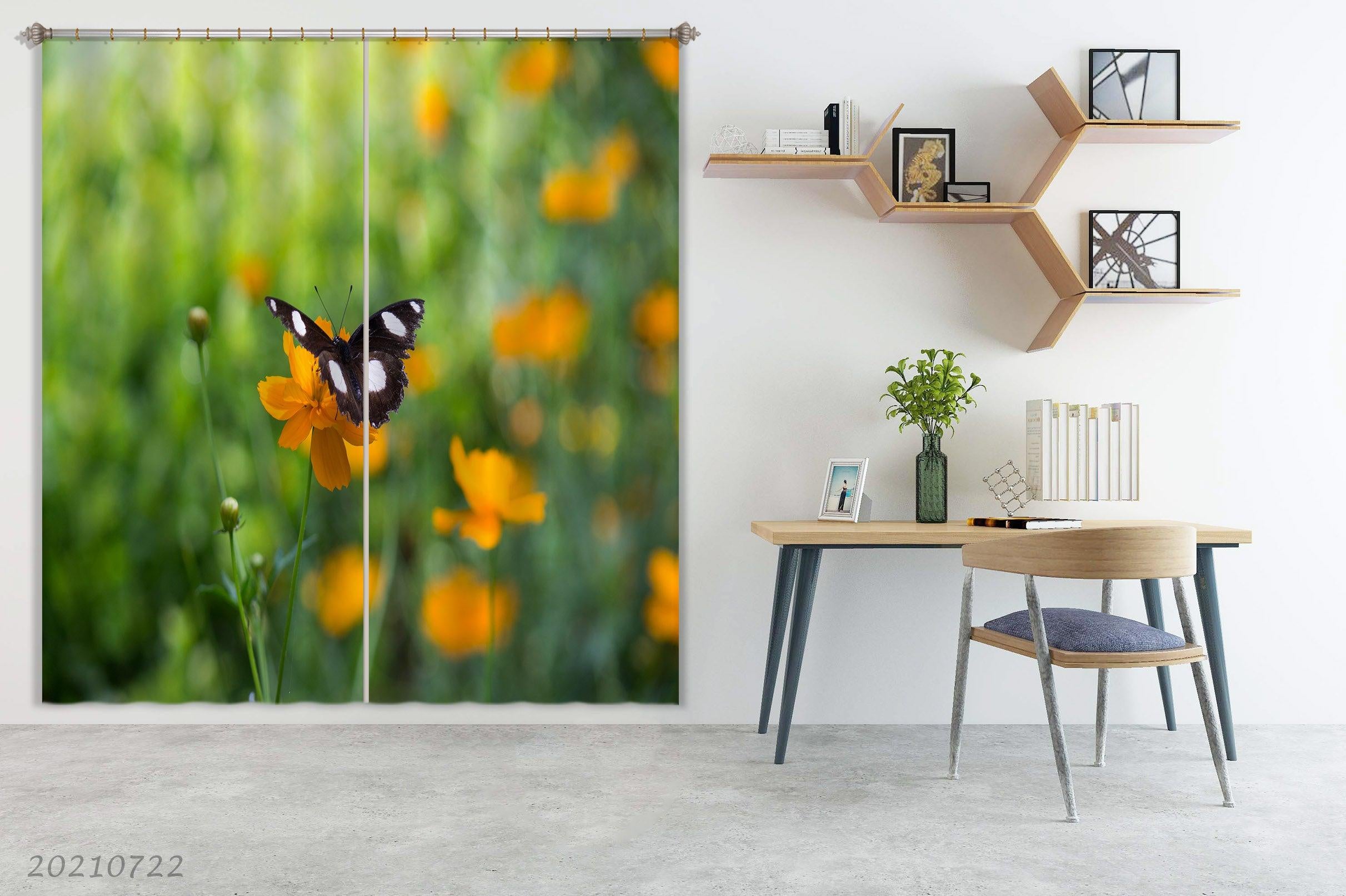 3D Yellow Floral Leaf Butterfly Curtains and Drapes LQH 271- Jess Art Decoration