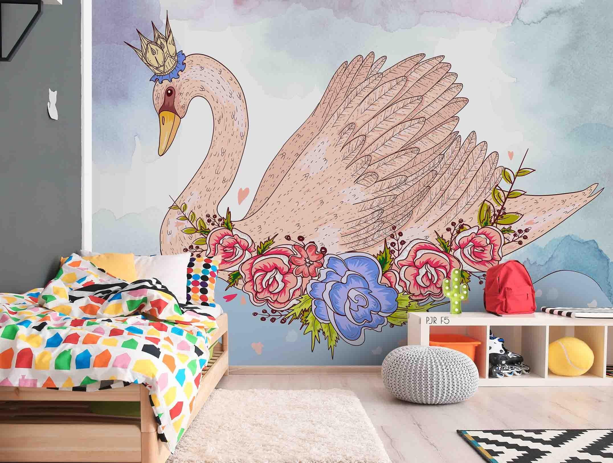 3D Swan Floral Animal swan floral nursery mural wall mural wallpaper for nursery