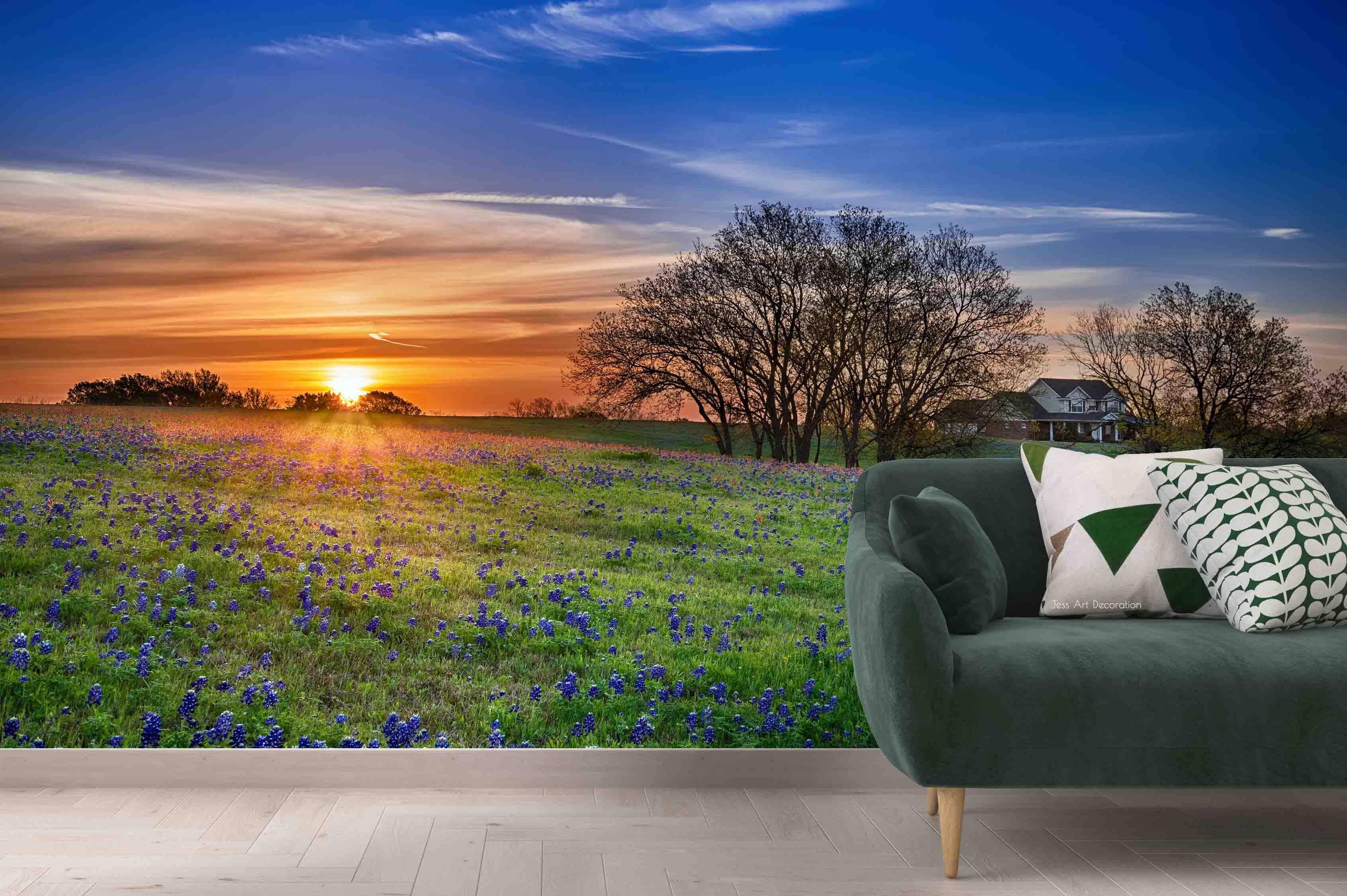 3D Floral Blue Plant Tree Building House Landscape Wall Mural Wallpaper LLL 1885- Jess Art Decoration