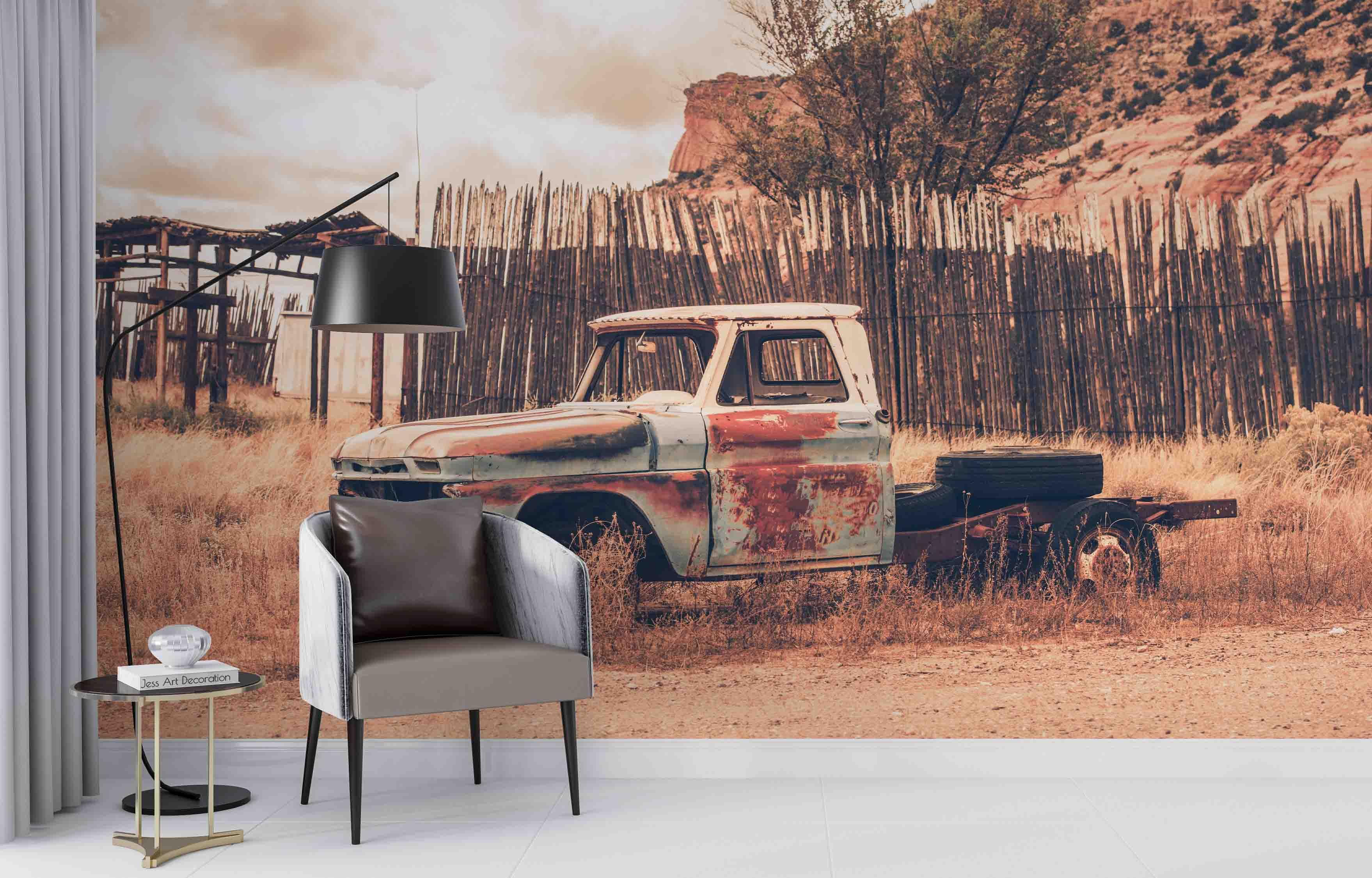 3D Nostalgic Damaged Car Golden Grass Tire Plant Fence Wall Mural Wallpaper GD 2456- Jess Art Decoration