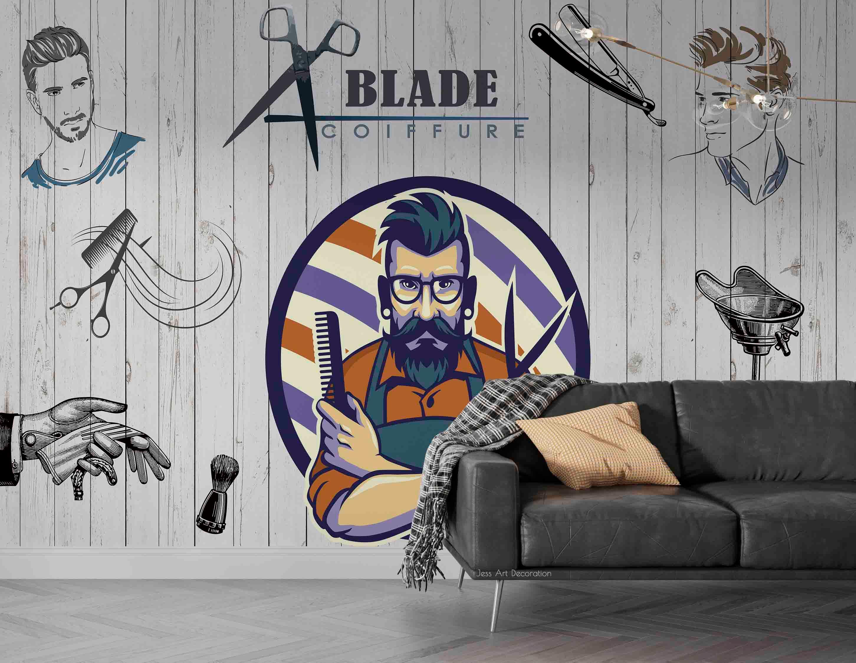 Barbershop Scissors Tool Men Shop Wallpaper barbershop graffiti wall mural for barber shop - view 4