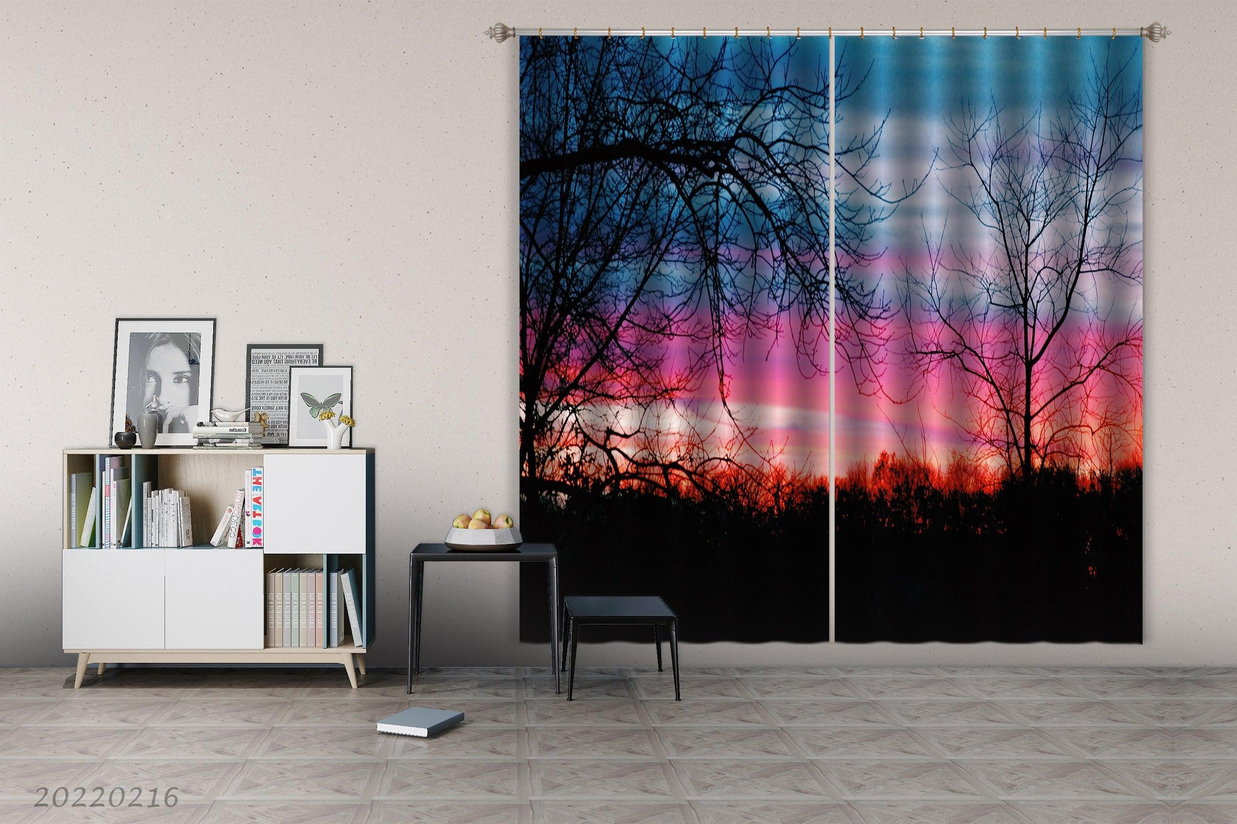 3D Black Tree Pink Sky Curtains and Drapes GD 2253- Jess Art Decoration