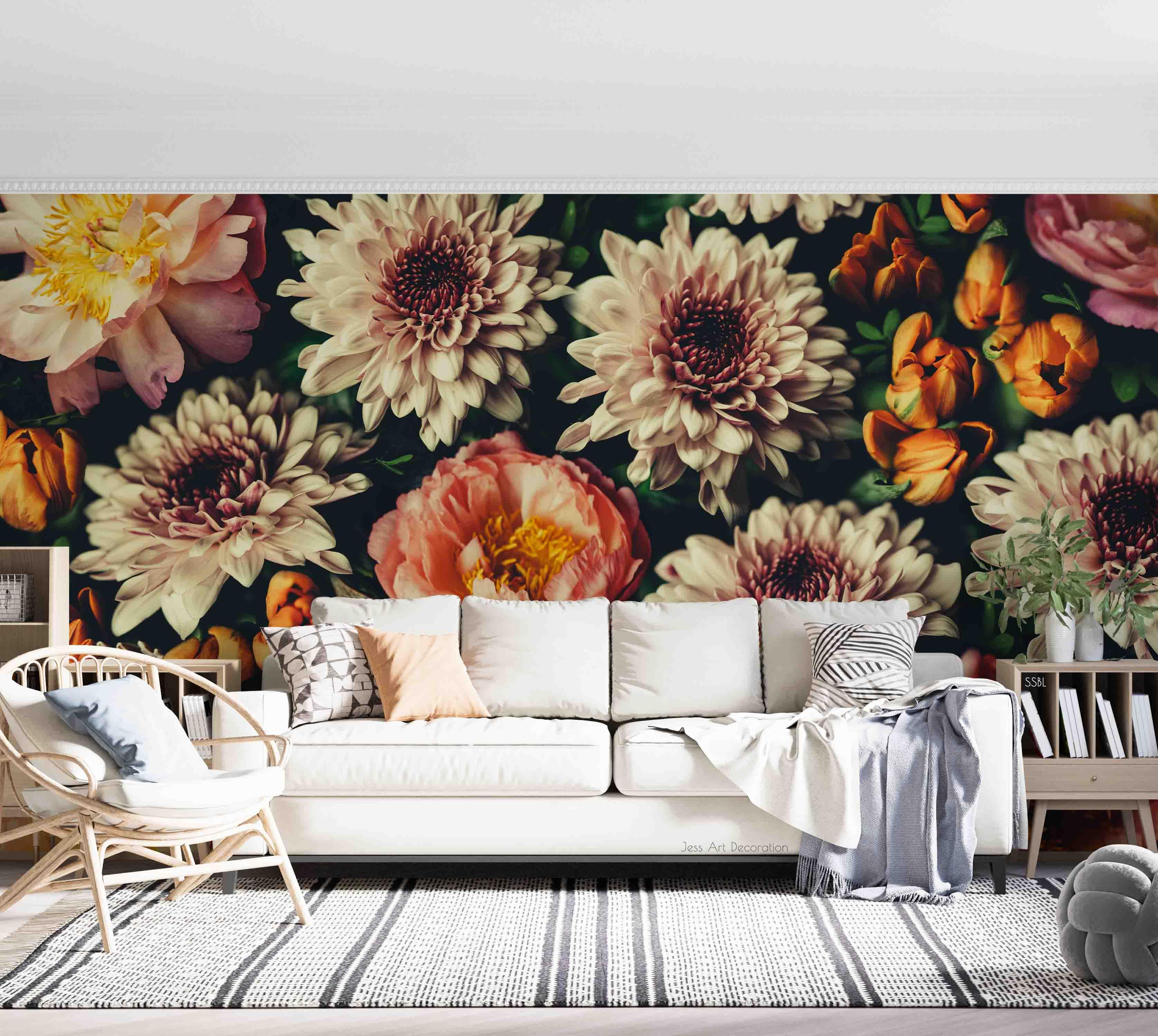 3D Vintage Baroque Art Blooming Flowers Black Background Wall Mural Wallpaper GD 3661- Jess Art Decoration