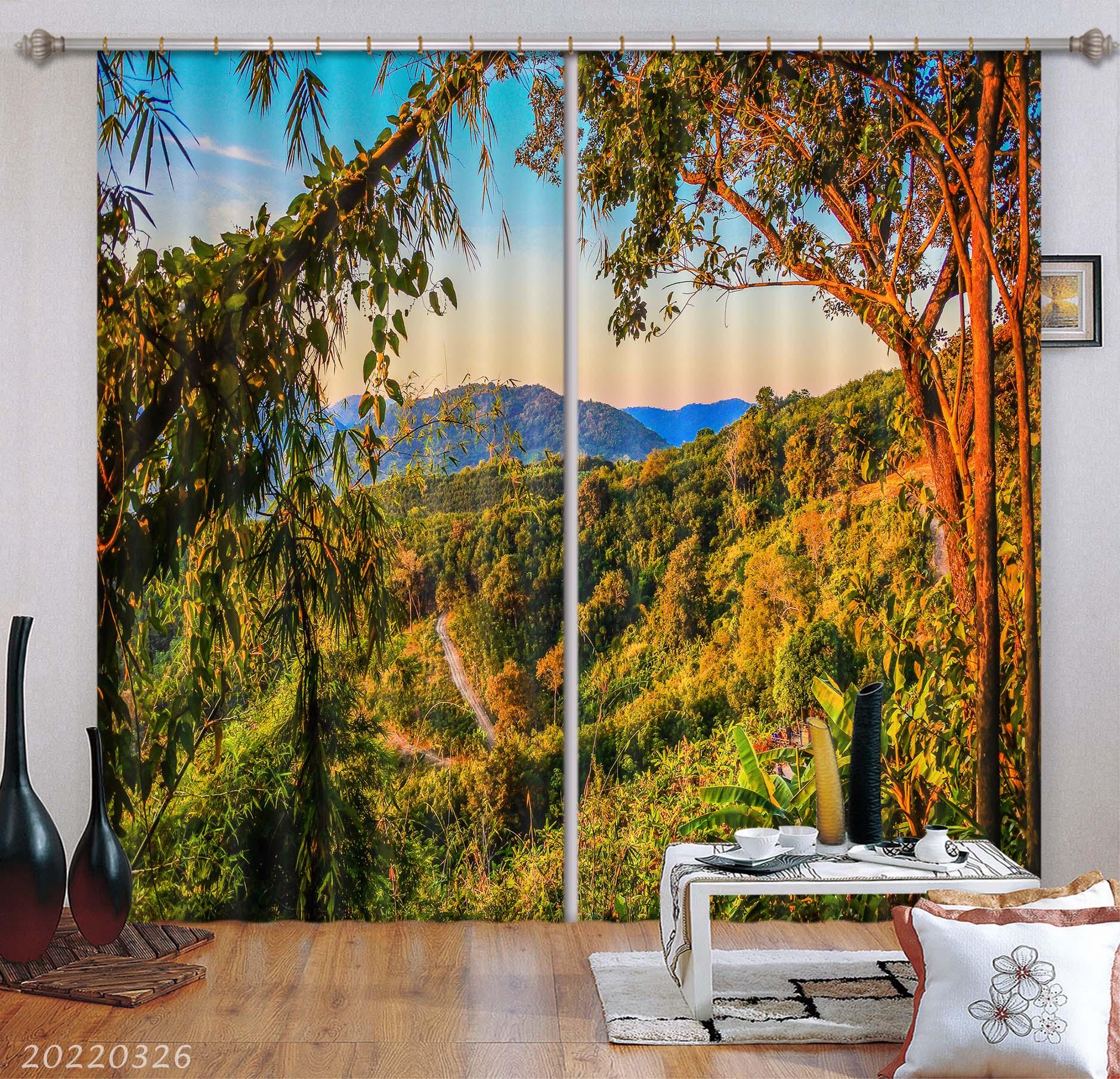 3D Yellow Sunbeam Beautiful Mountain Trees Curtains and Drapes GD 2878- Jess Art Decoration