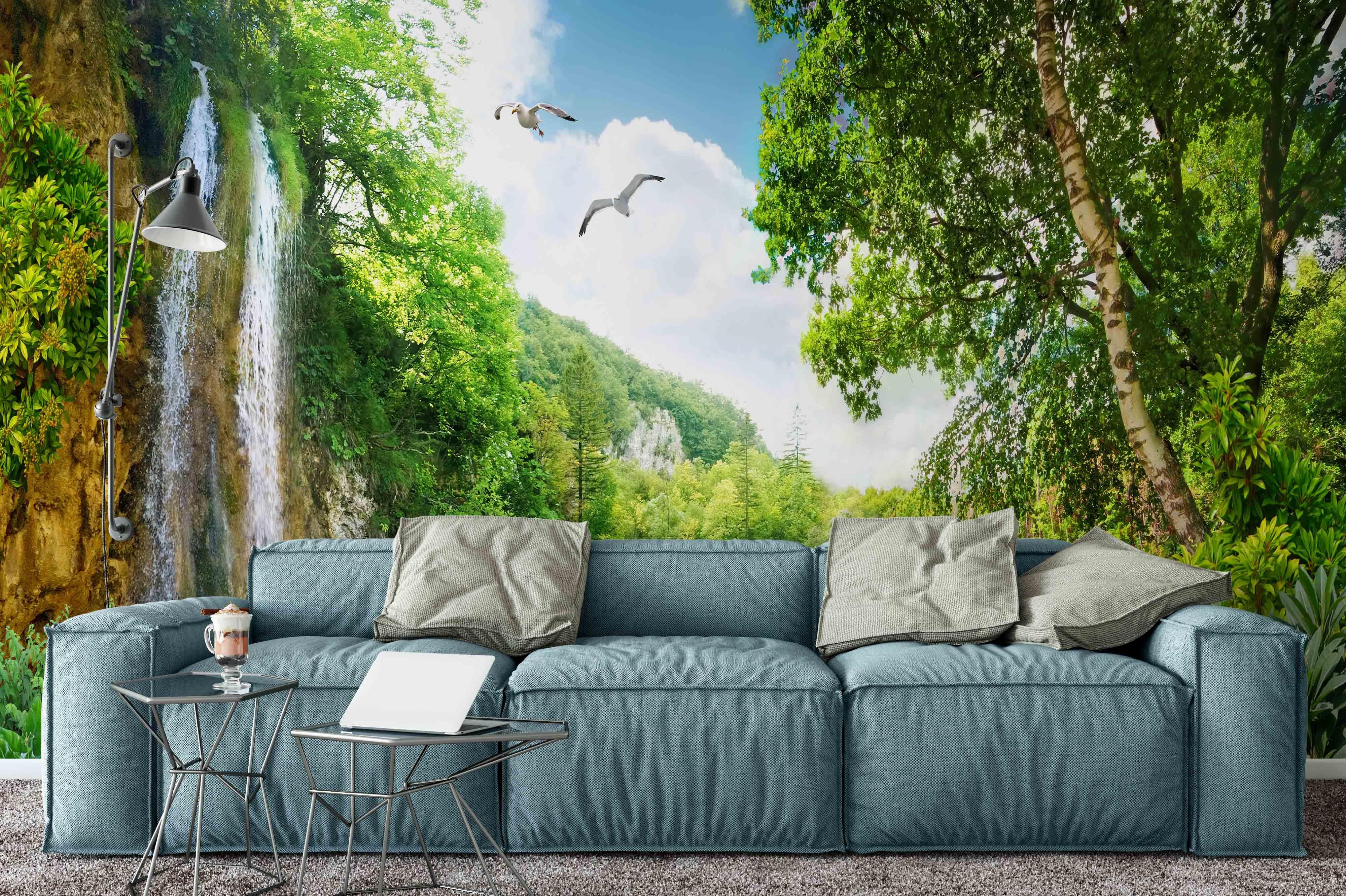3D Waterfall Forest Bird Wall Mural Wallpaper 50- Jess Art Decoration