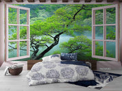 3D Window Forest Lakes Tree Wall Mural Wallpaper SWW5117- Jess Art Decoration