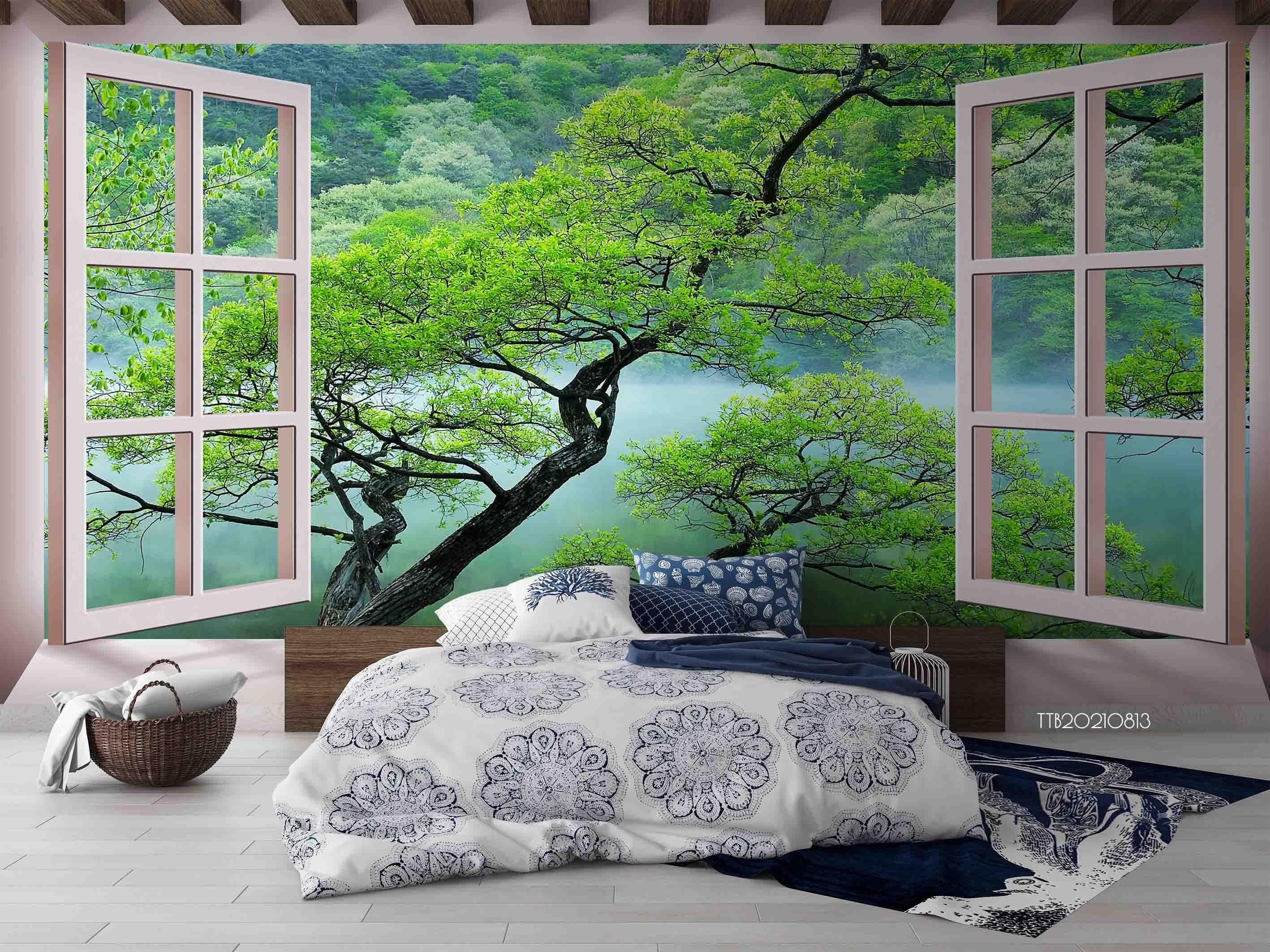 3D Window Forest Lakes Tree Wall Mural Wallpaper SWW5117- Jess Art Decoration