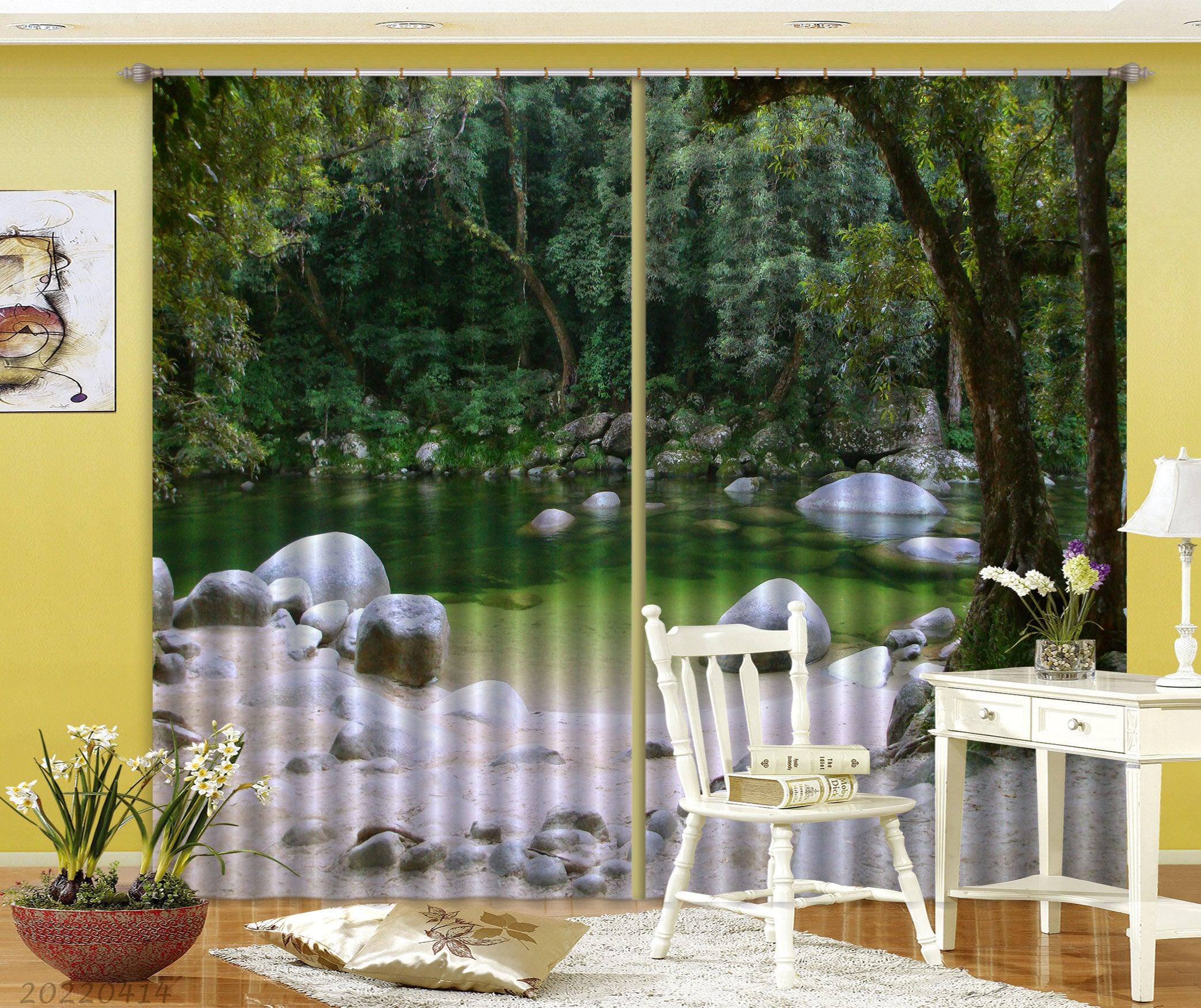 3D Landscape Nature Forest Outdoor Rocks River Curtains and Drapes GD 4086- Jess Art Decoration